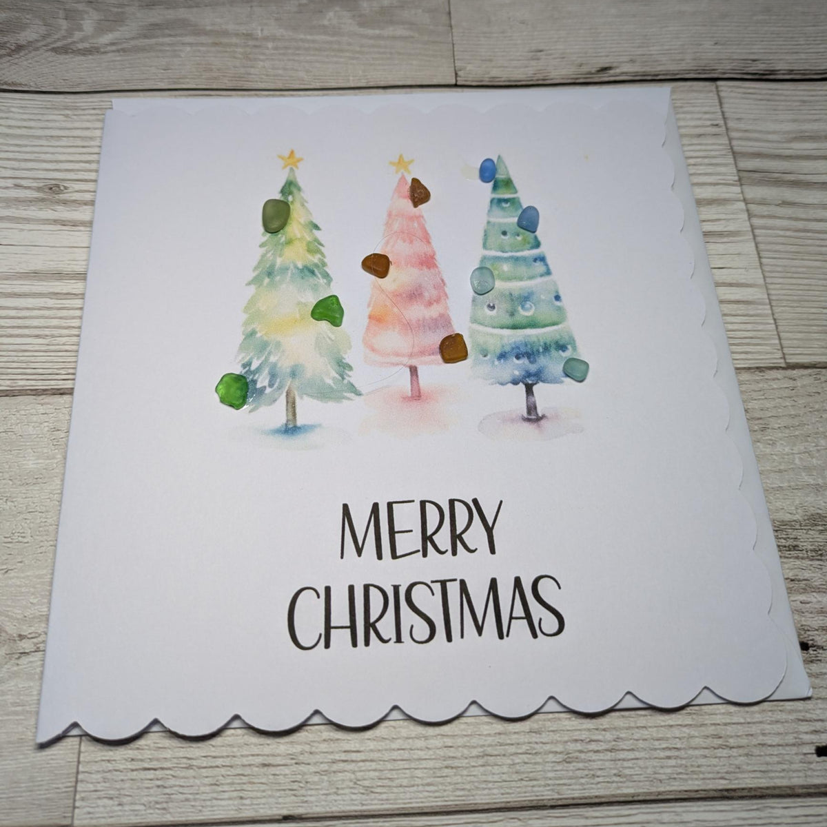 Three Christmas Tree Merry Christmas Sea Glass Card