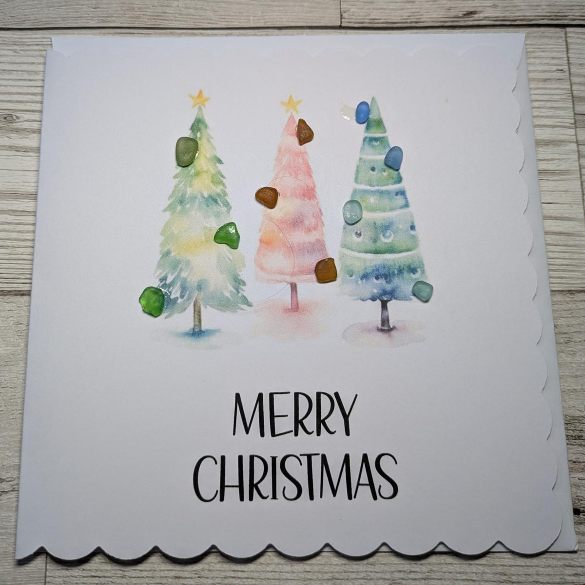 Three Christmas Tree Merry Christmas Sea Glass Card