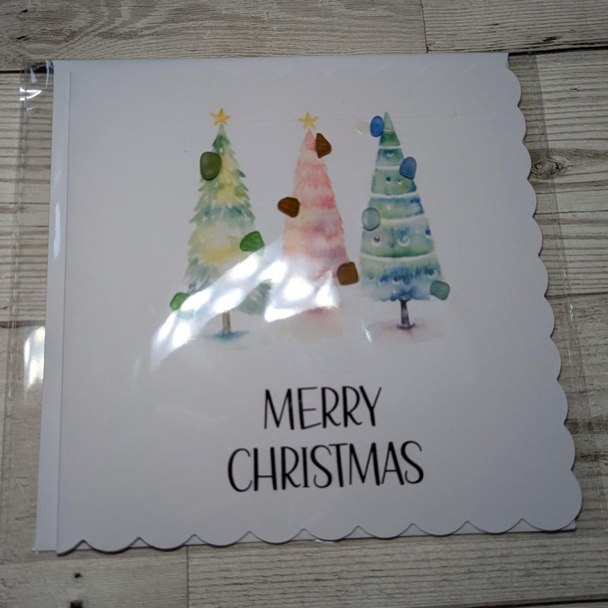 Three Christmas Tree Merry Christmas Sea Glass Card