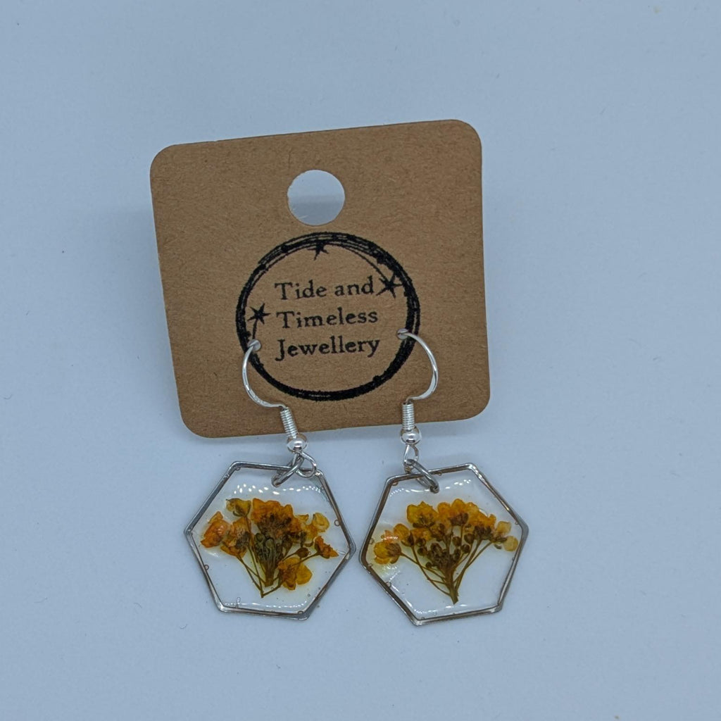 Hexagonal Resin Pressed Flower Earrings