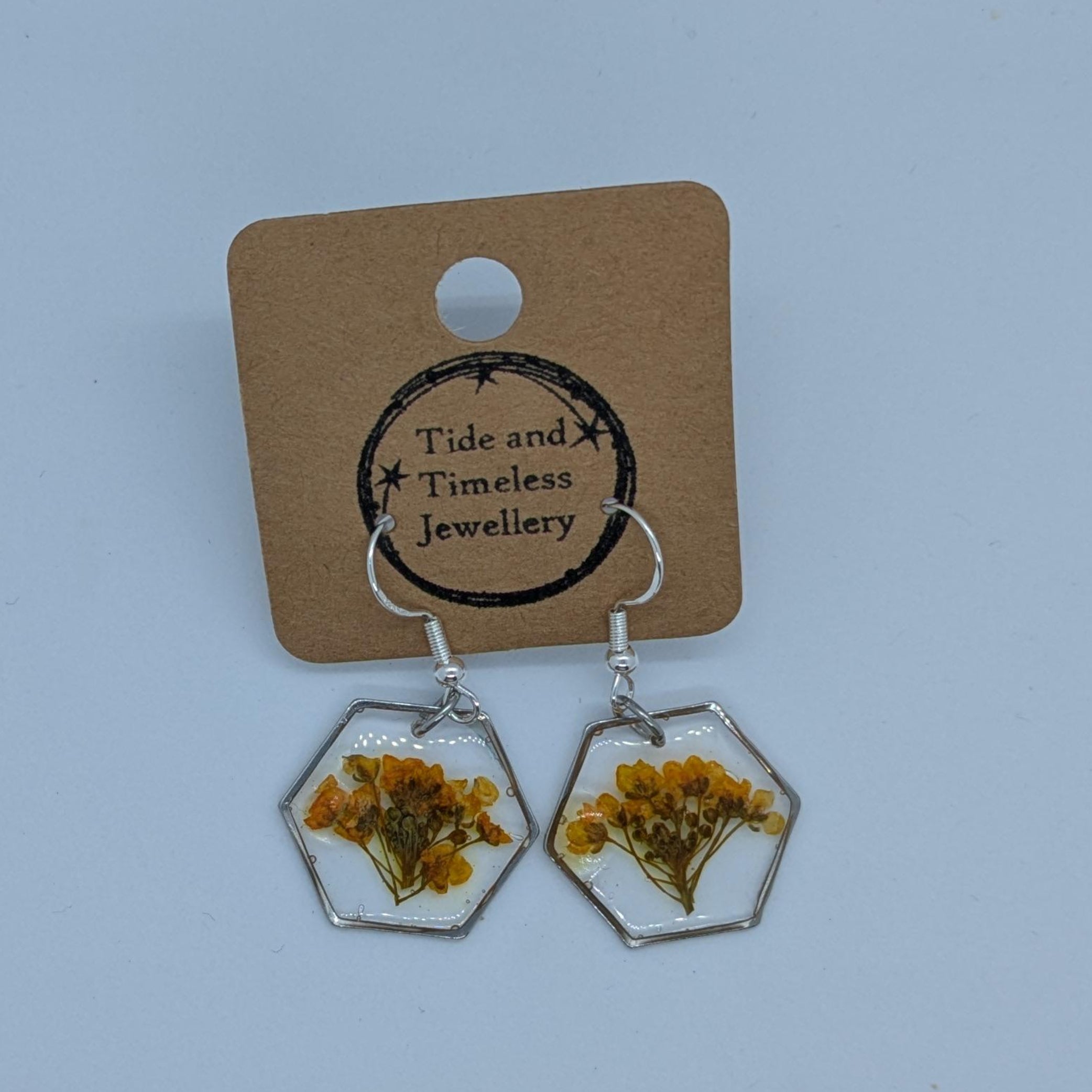 Hexagonal Resin Pressed Flower Earrings