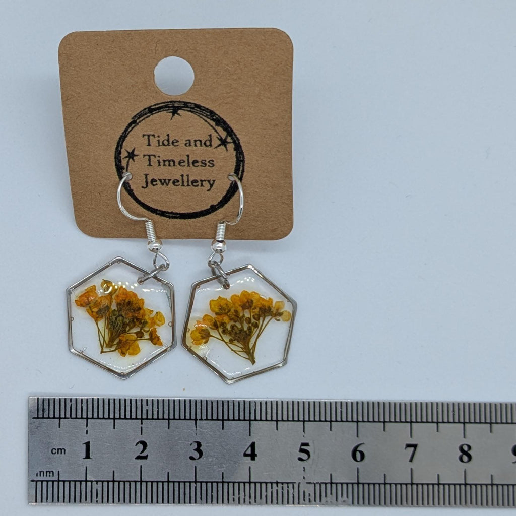 Hexagonal Resin Pressed Flower Earrings