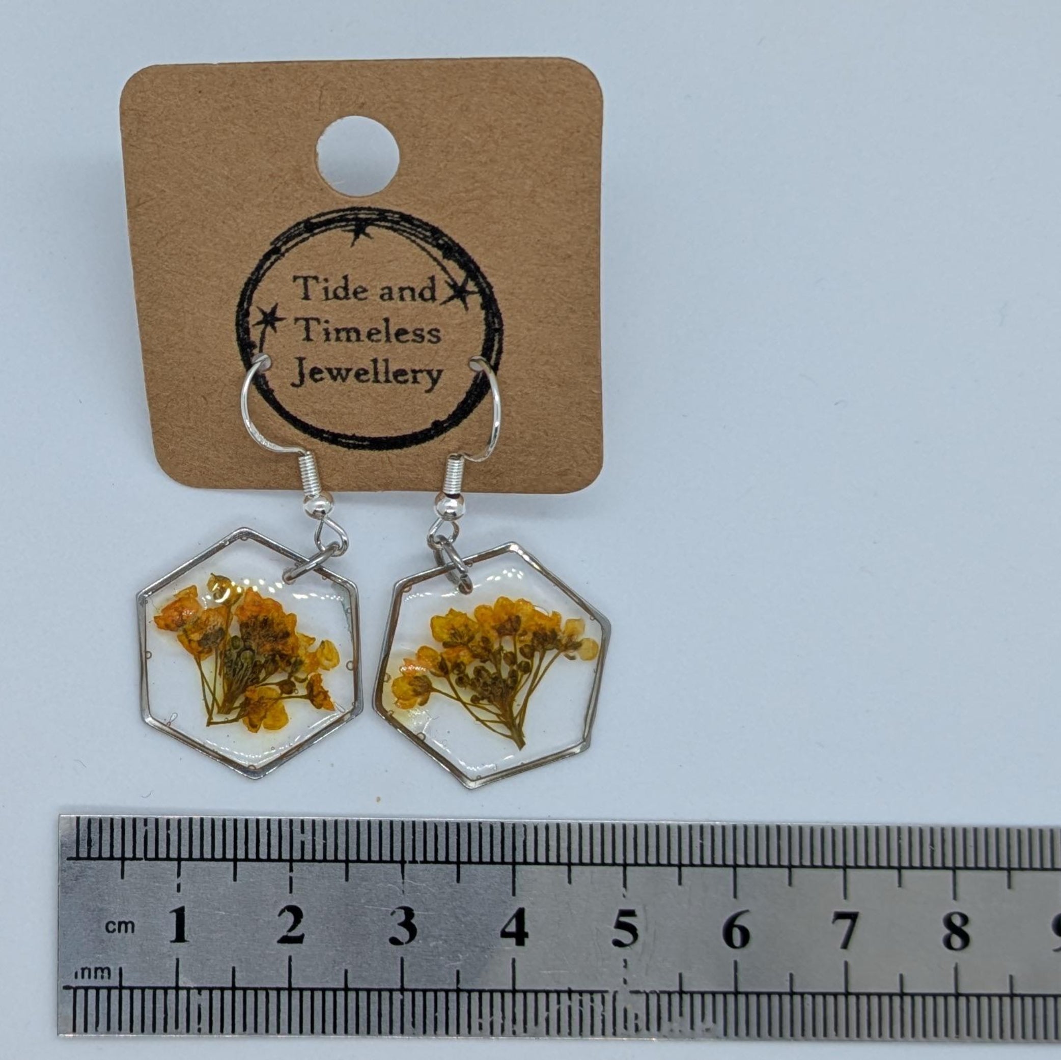 Hexagonal Resin Pressed Flower Earrings