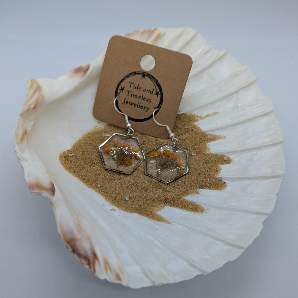 Hexagonal Resin Pressed Flower Earrings