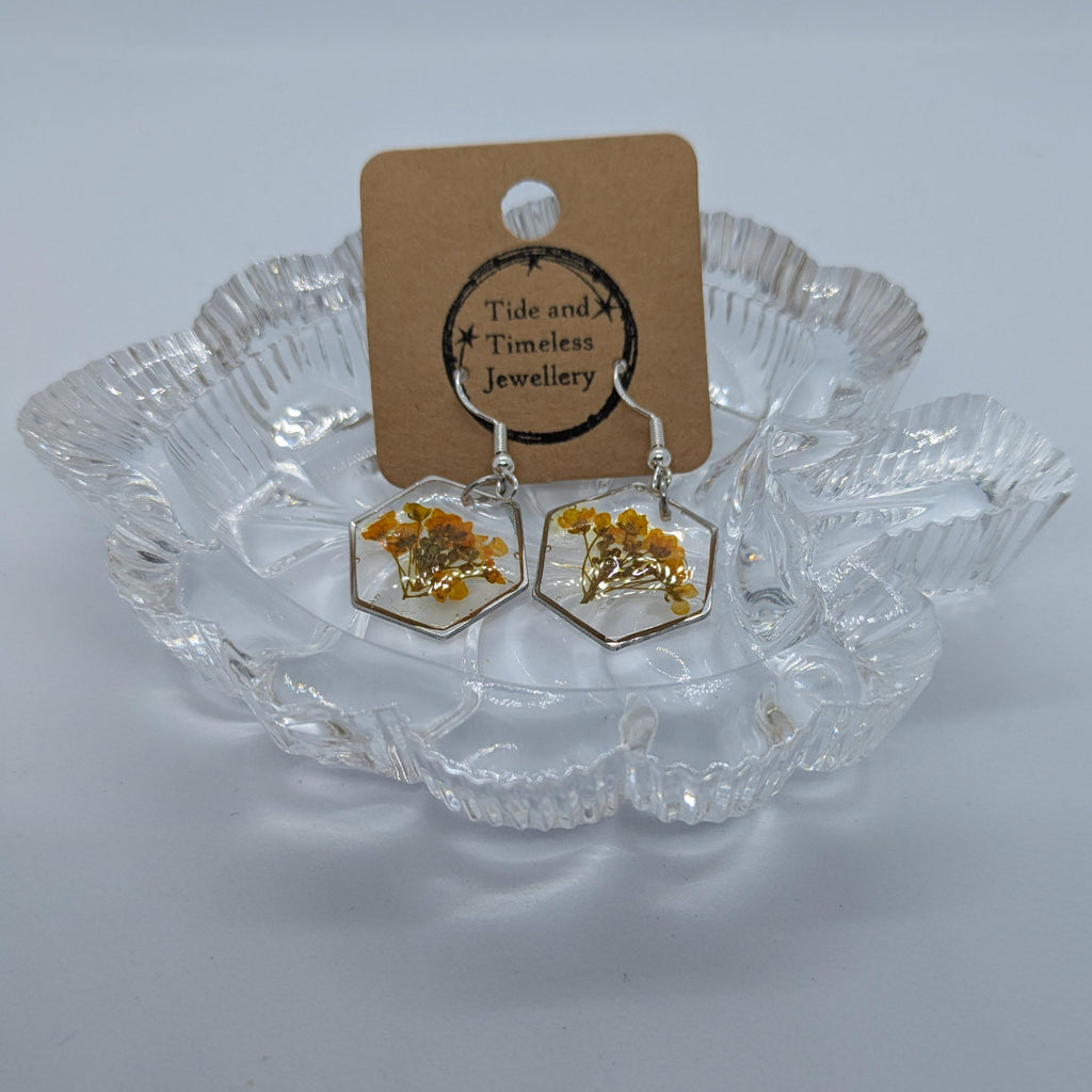 Hexagonal Resin Pressed Flower Earrings