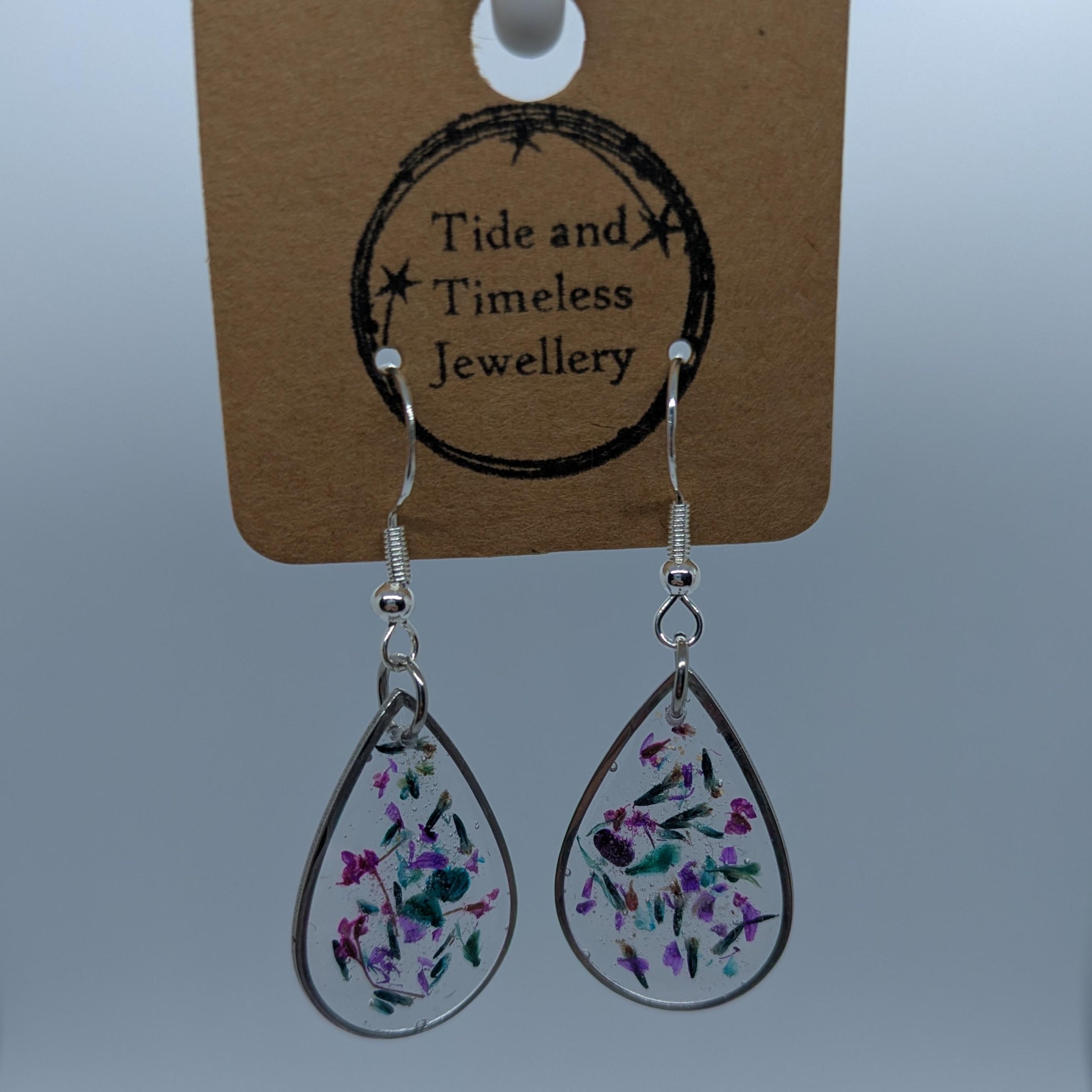 Teardrop Shaped Pressed Flower Resin Earrings