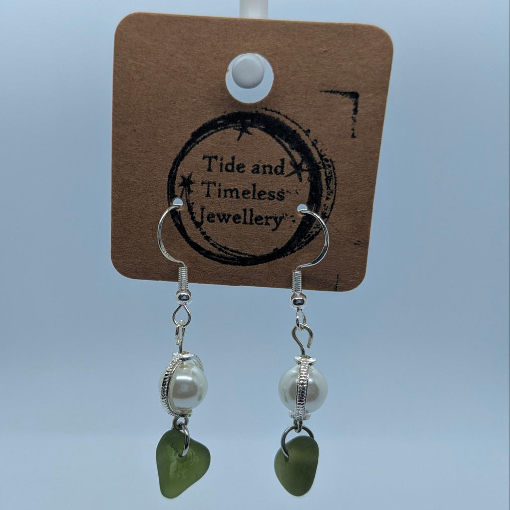 Pearl And Olive Green Sea Glass Earrings