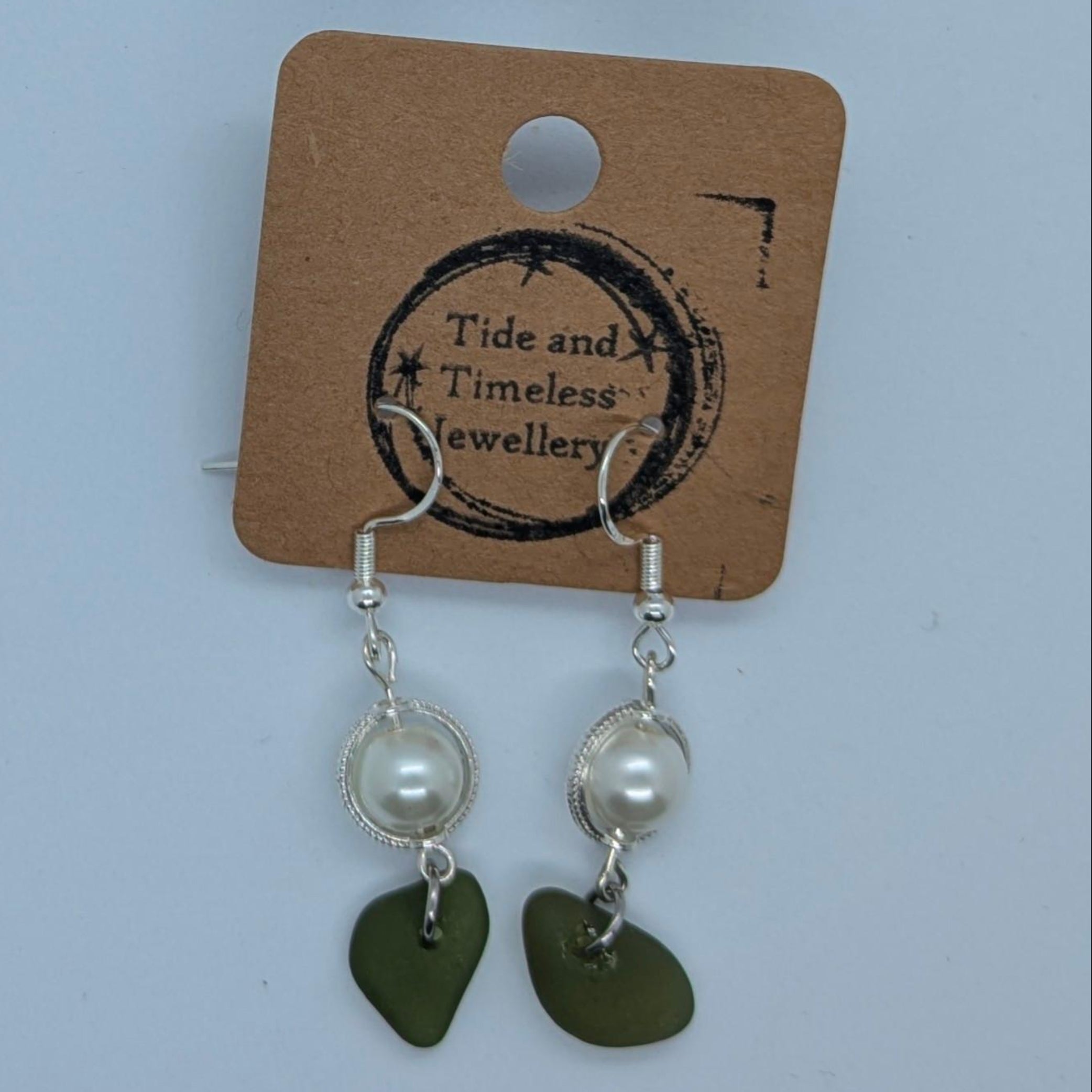 Pearl And Olive Green Sea Glass Earrings