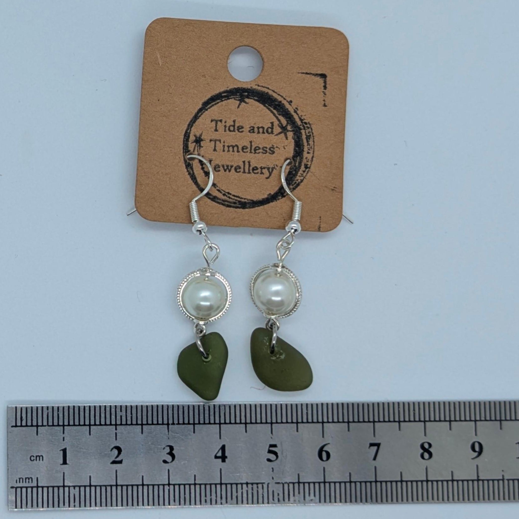 Pearl And Olive Green Sea Glass Earrings