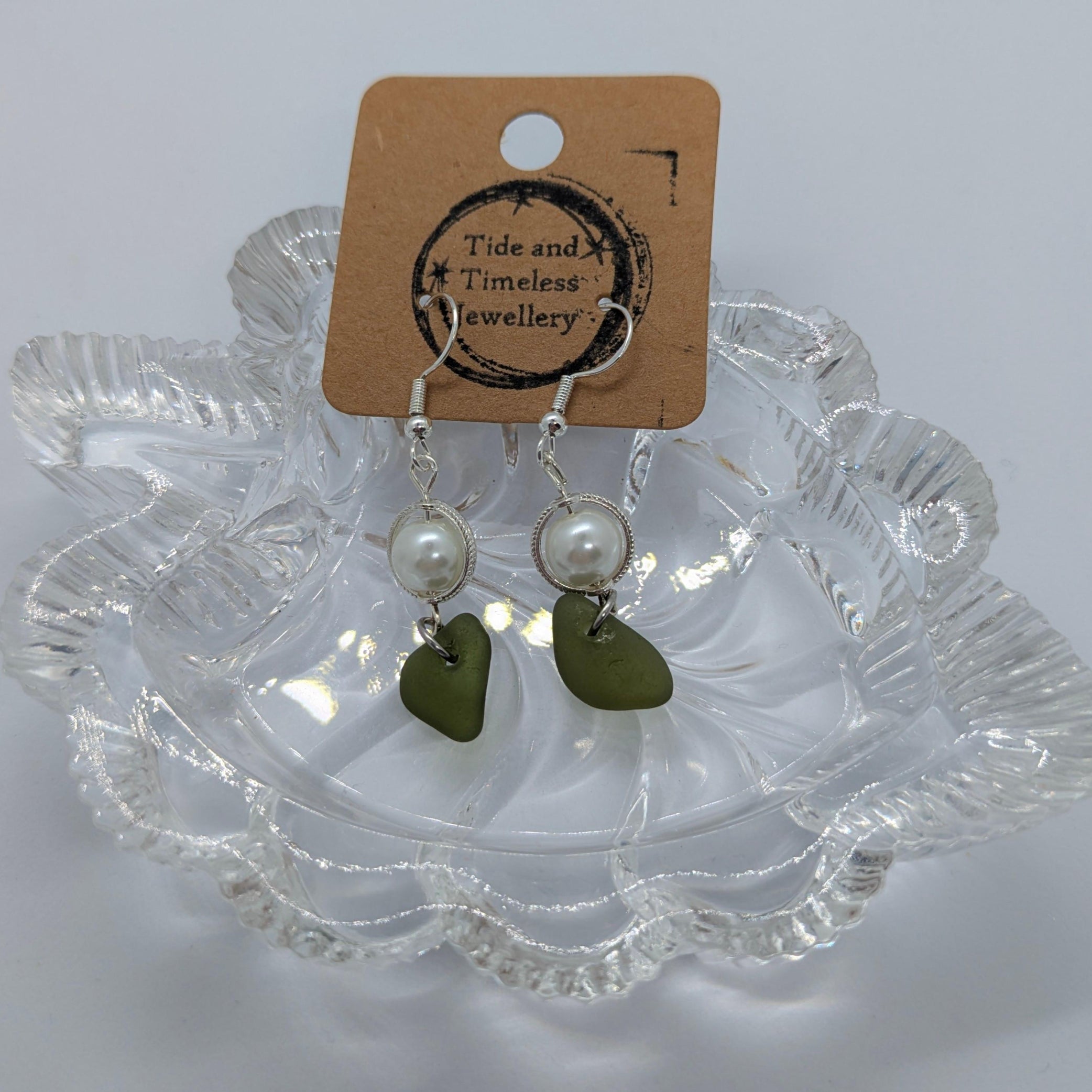 Pearl And Olive Green Sea Glass Earrings