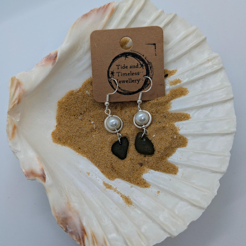 Pearl And Olive Green Sea Glass Earrings