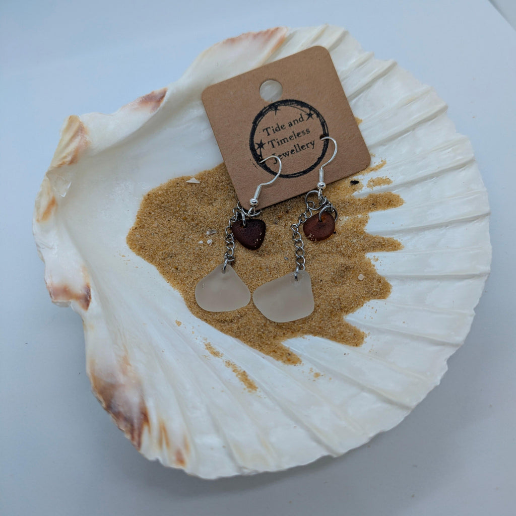Amber Brown And White Cornish Sea Glass Chain Earrings