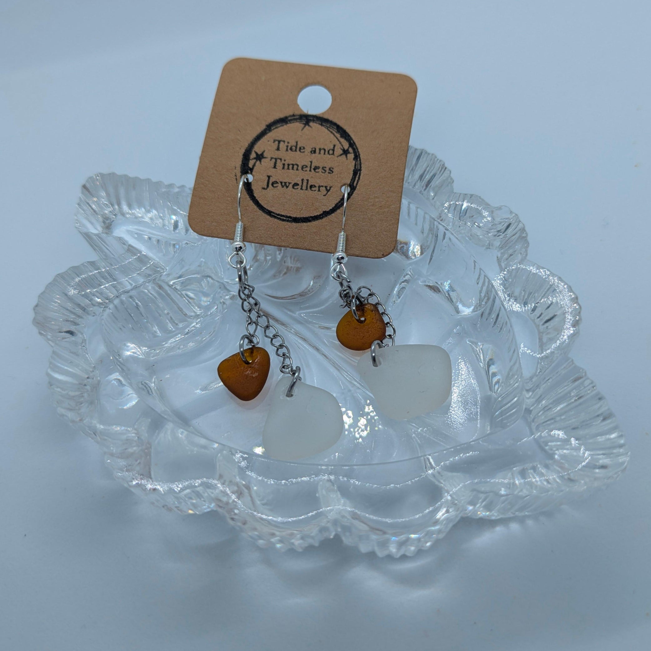 Amber Brown And White Cornish Sea Glass Chain Earrings