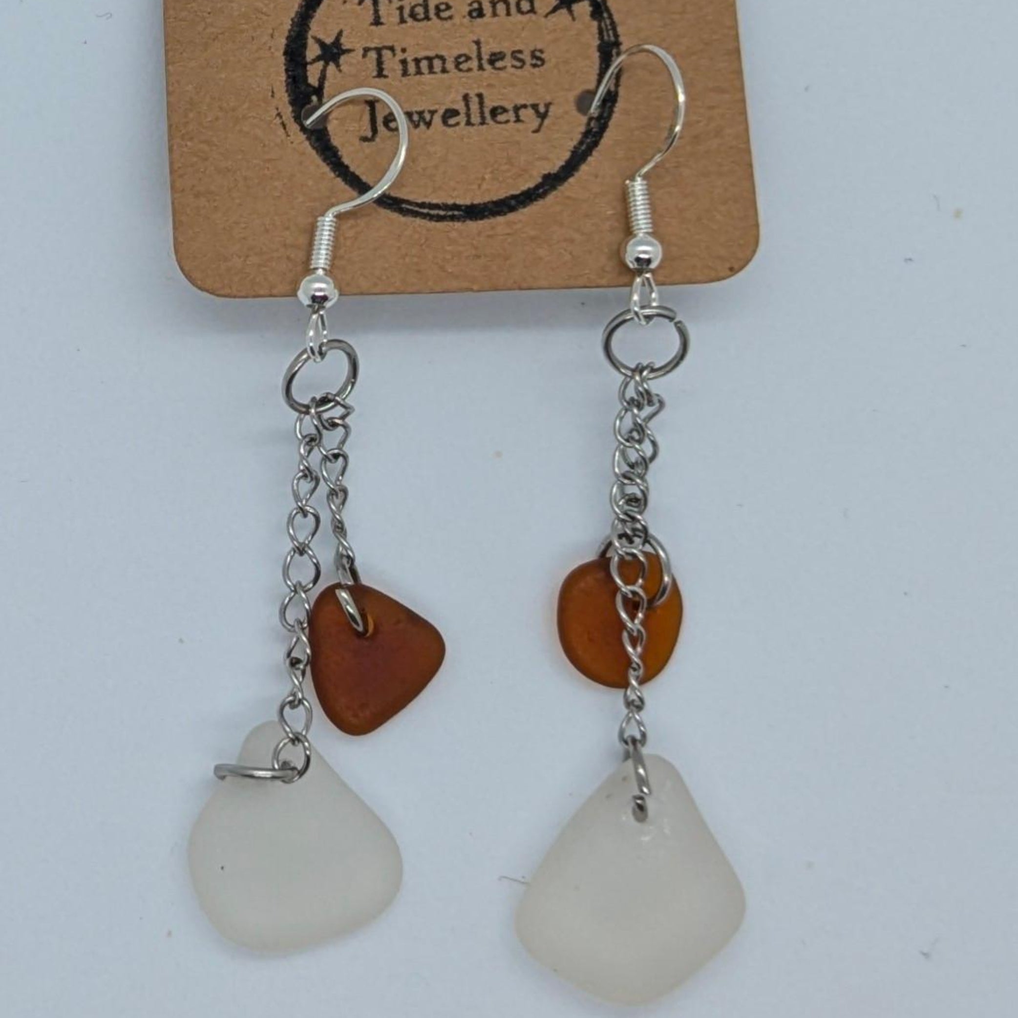 Amber Brown And White Cornish Sea Glass Chain Earrings