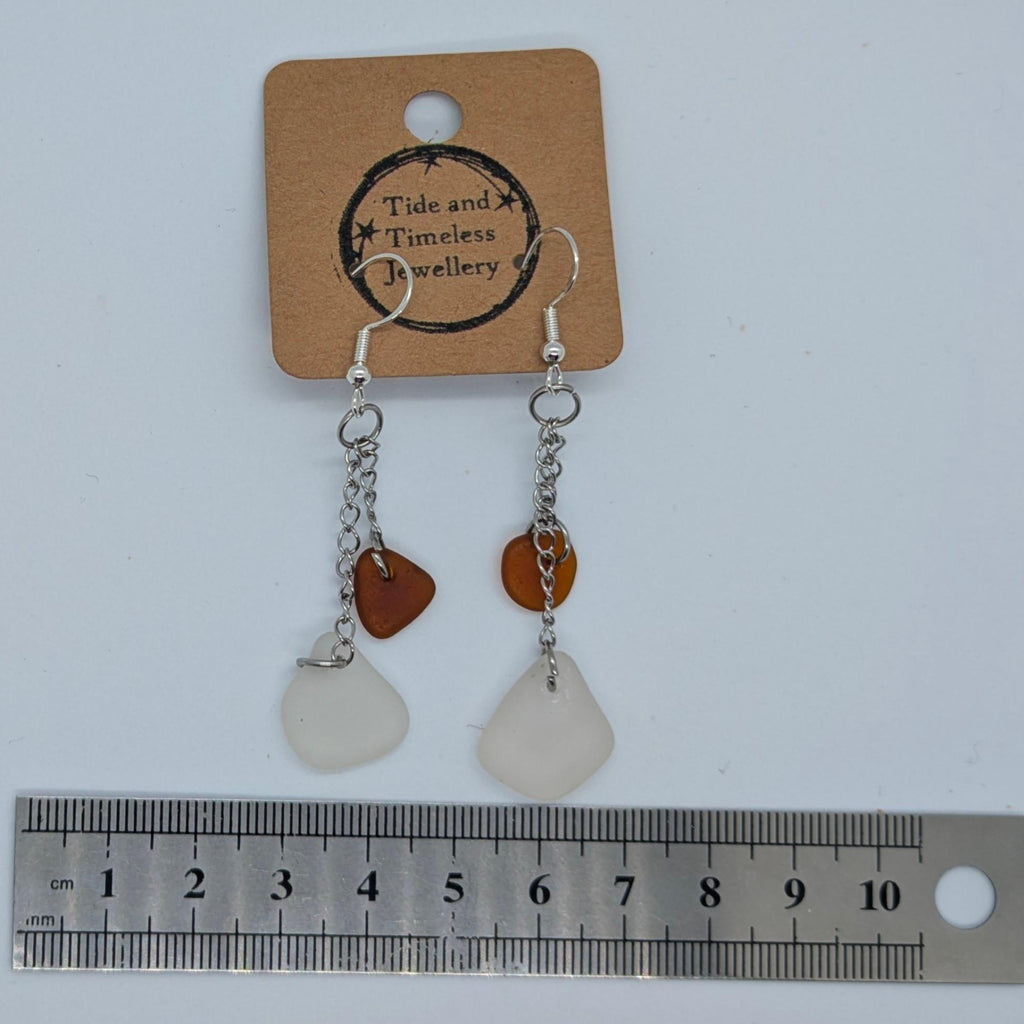 Amber Brown And White Cornish Sea Glass Chain Earrings