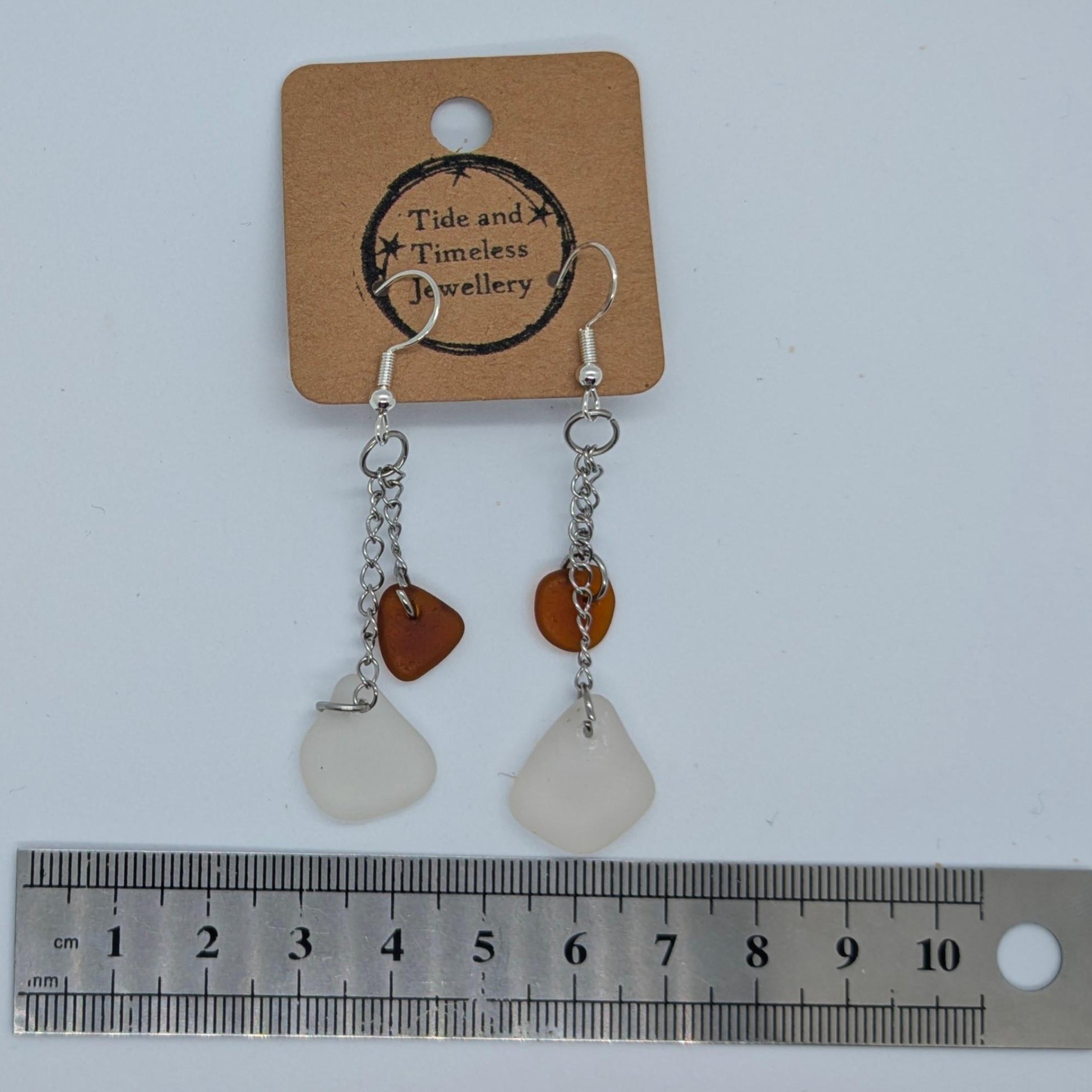 Amber Brown And White Cornish Sea Glass Chain Earrings