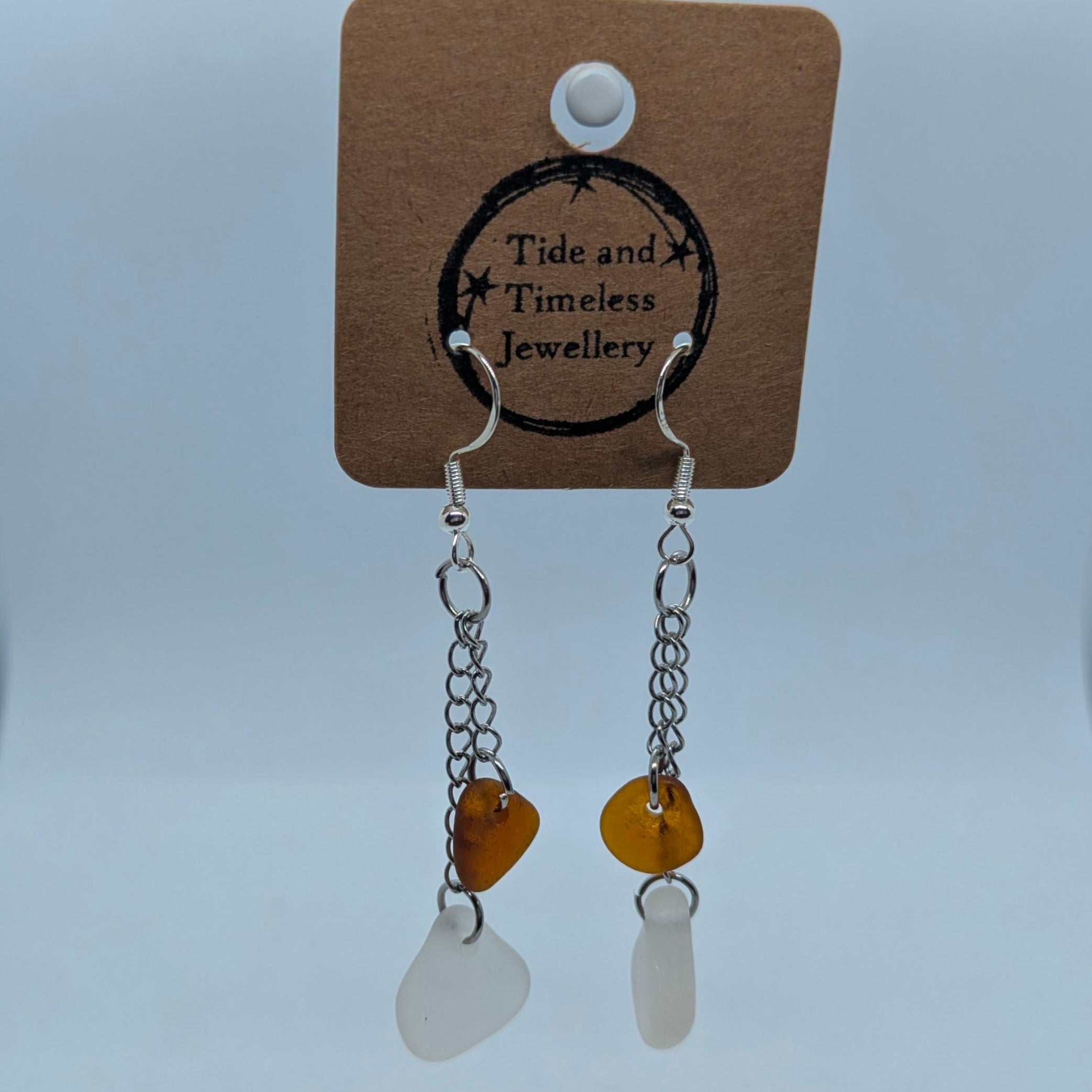 Amber Brown And White Cornish Sea Glass Chain Earrings