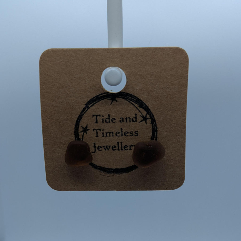 Brown Sea Glass Stud Earrings