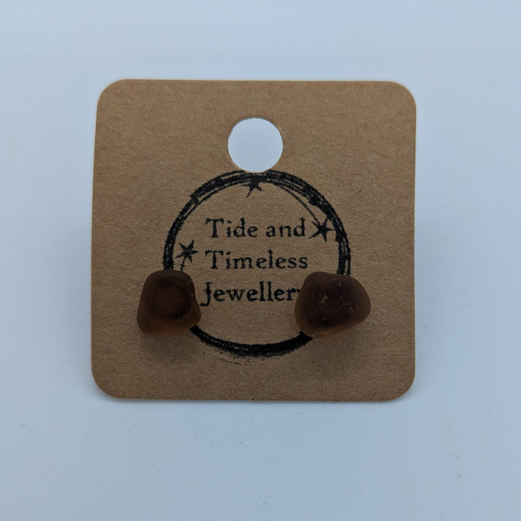 Brown Sea Glass Stud Earrings