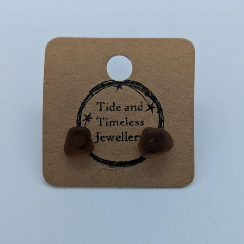 Brown Sea Glass Stud Earrings