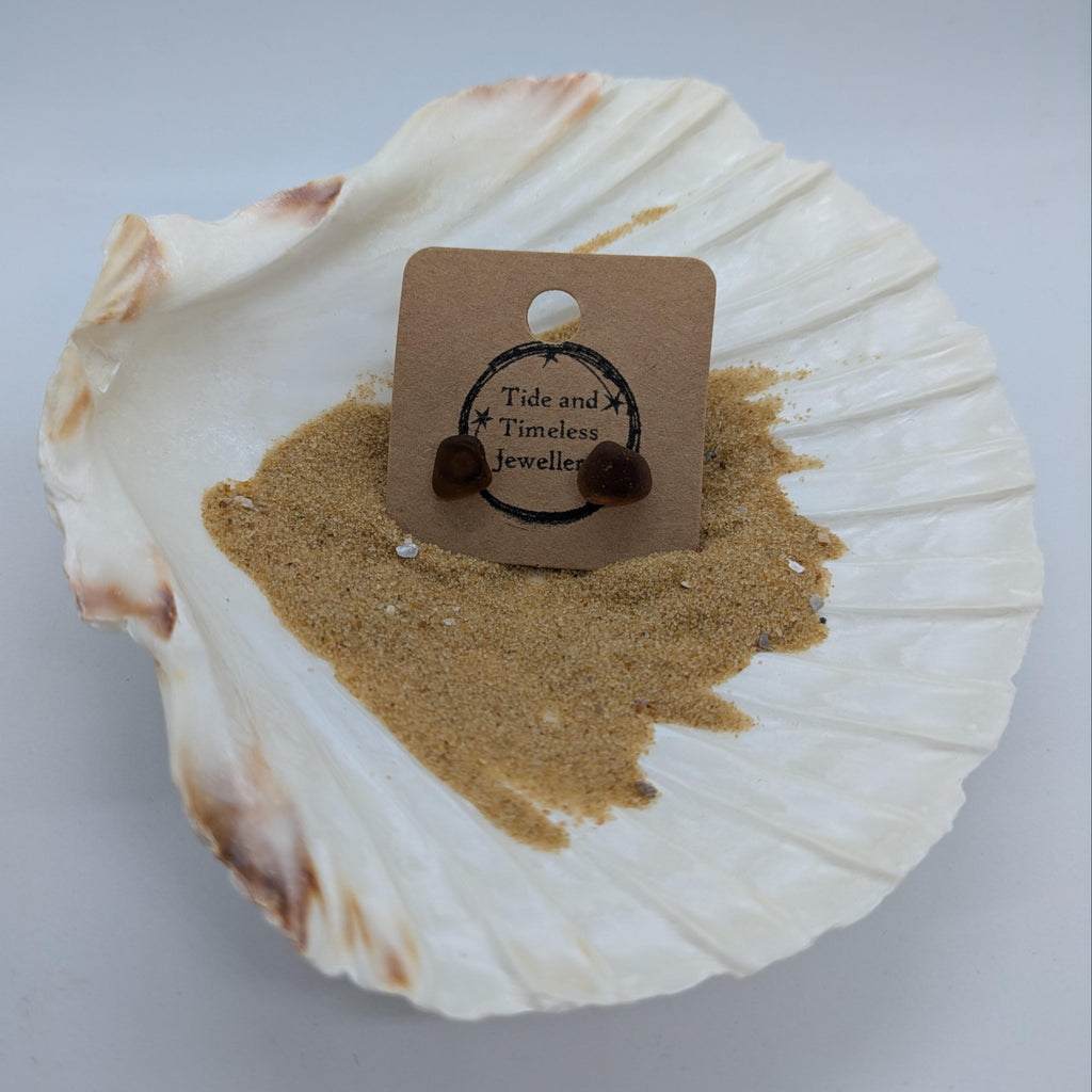 Brown Sea Glass Stud Earrings