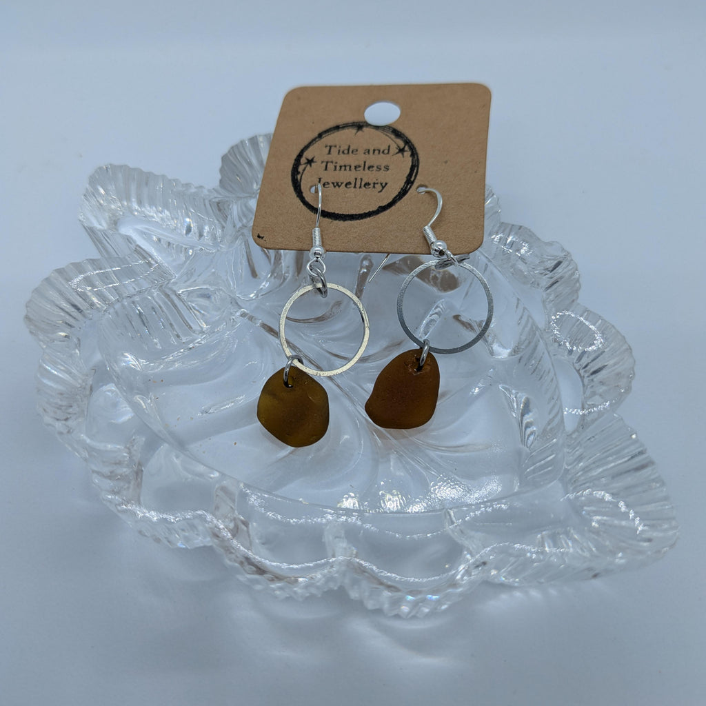 Brown Sea Glass Circle Earrings