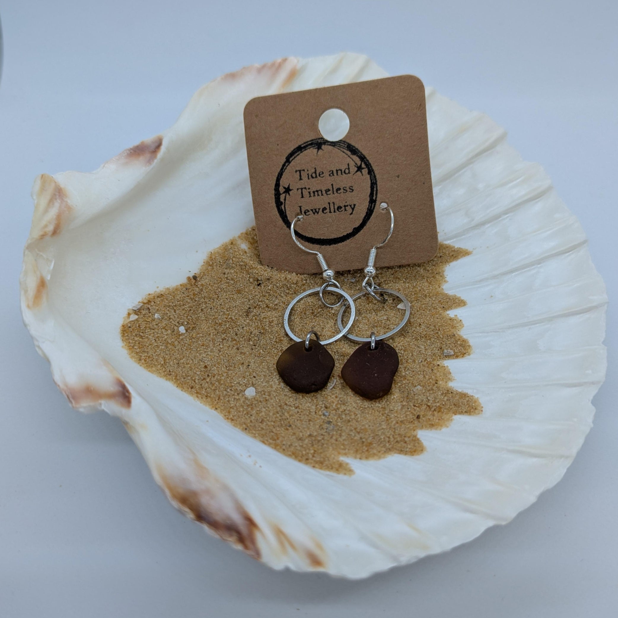 Brown Sea Glass Circle Earrings