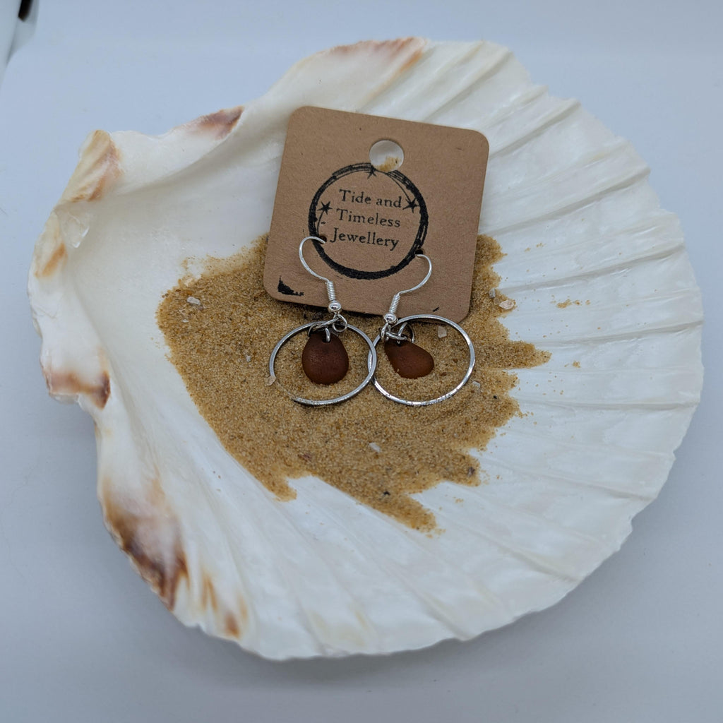 Brown Sea Glass Circular Dangle Earrings