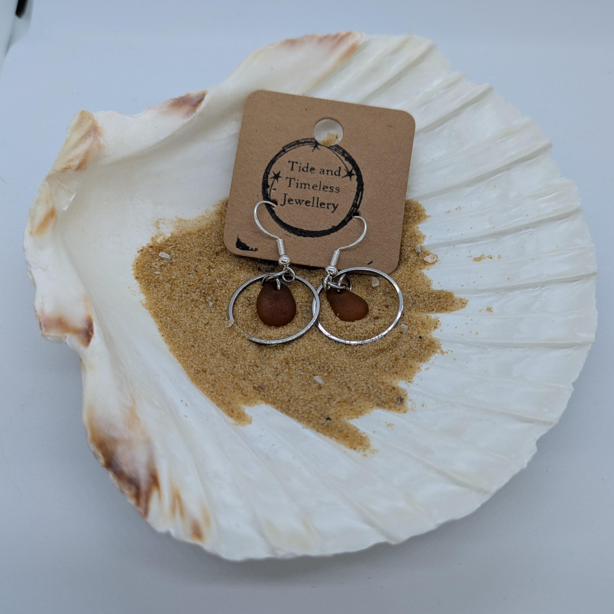 Brown Sea Glass Circular Dangle Earrings