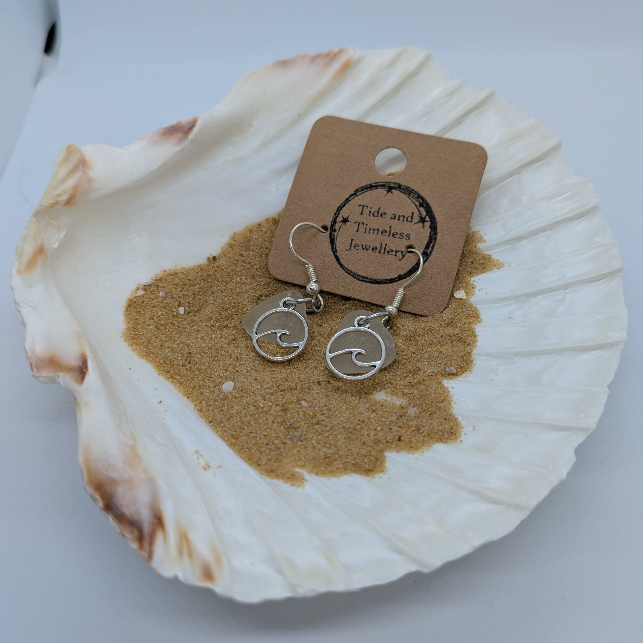 White Clear Sea Glass Wave Charm Earrings