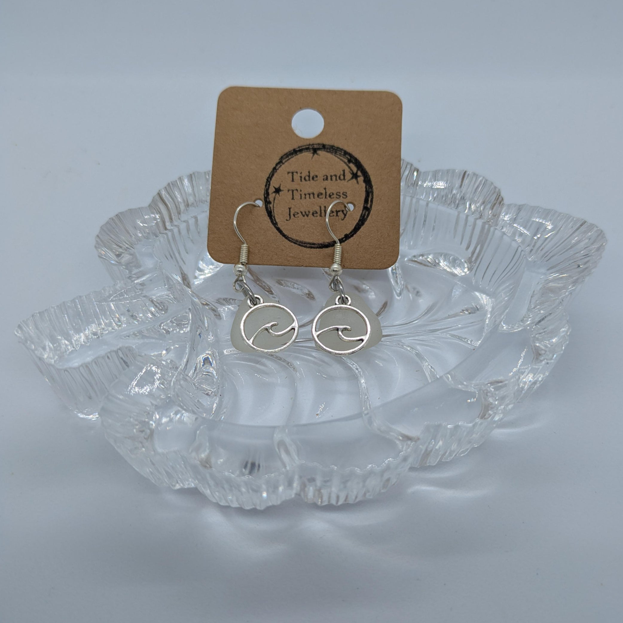 White Clear Sea Glass Wave Charm Earrings