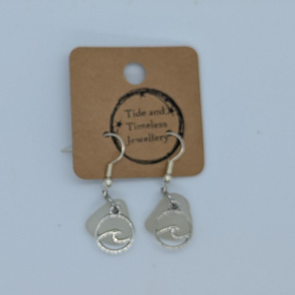 White Clear Sea Glass Wave Charm Earrings