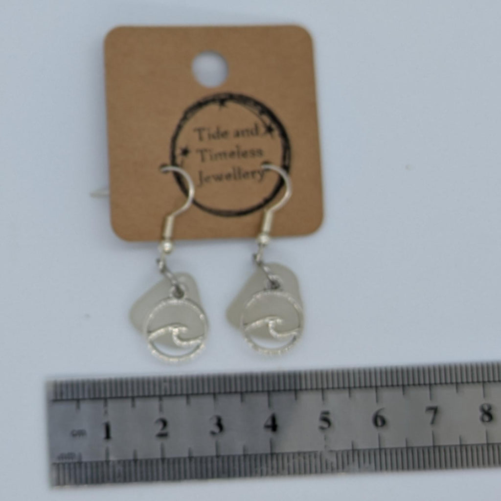 White Clear Sea Glass Wave Charm Earrings