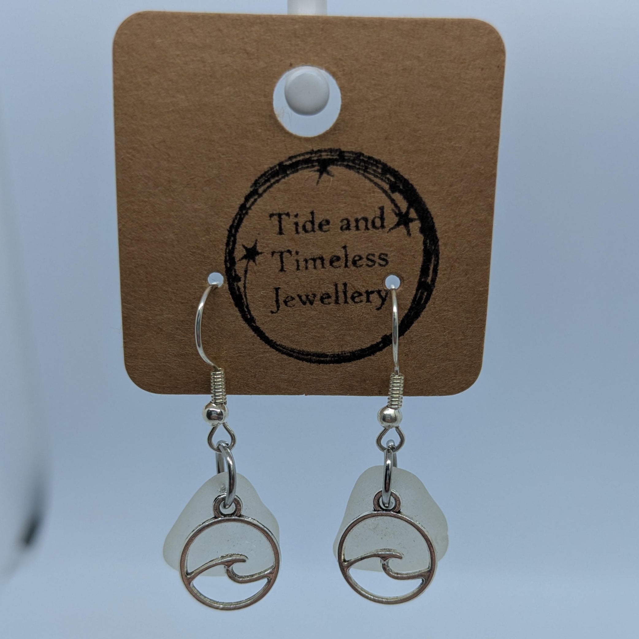 White Clear Sea Glass Wave Charm Earrings