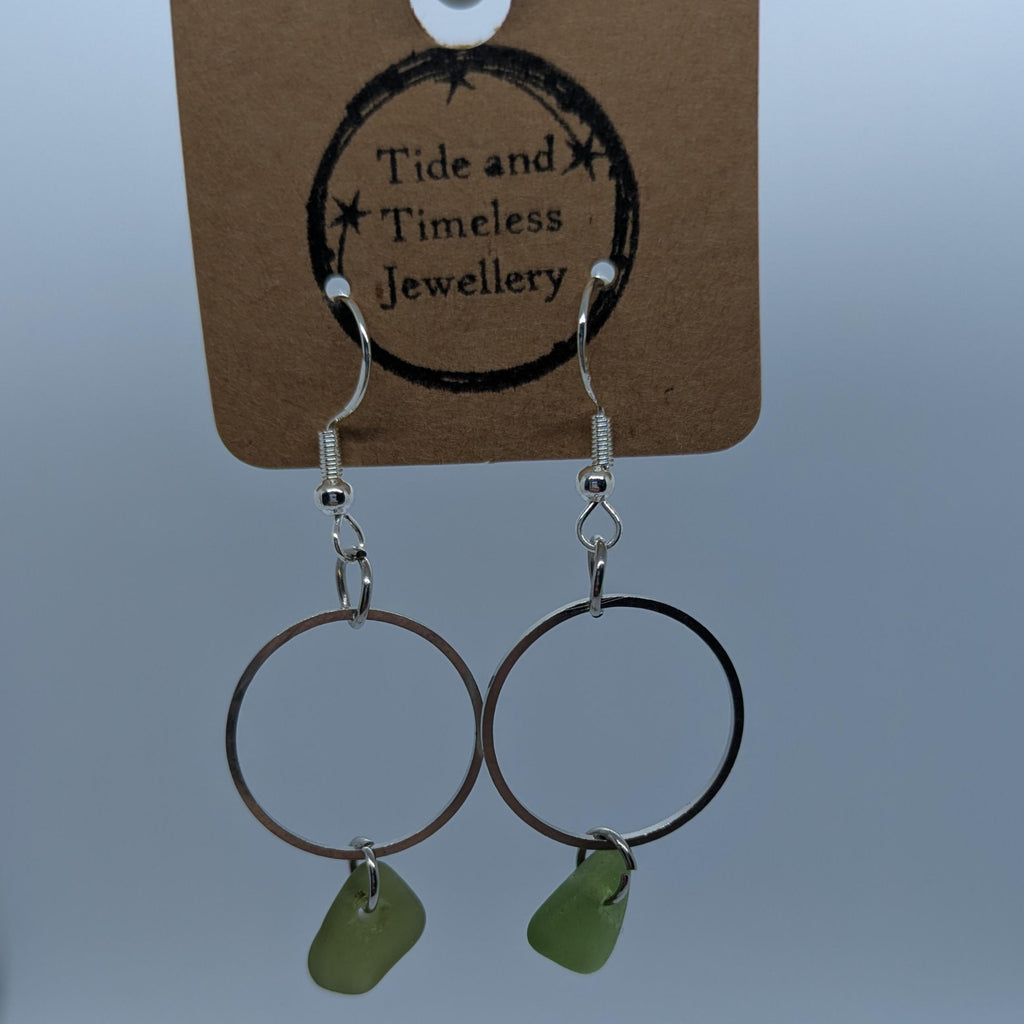 Lime Green Sea Glass Drop Circular Earrings