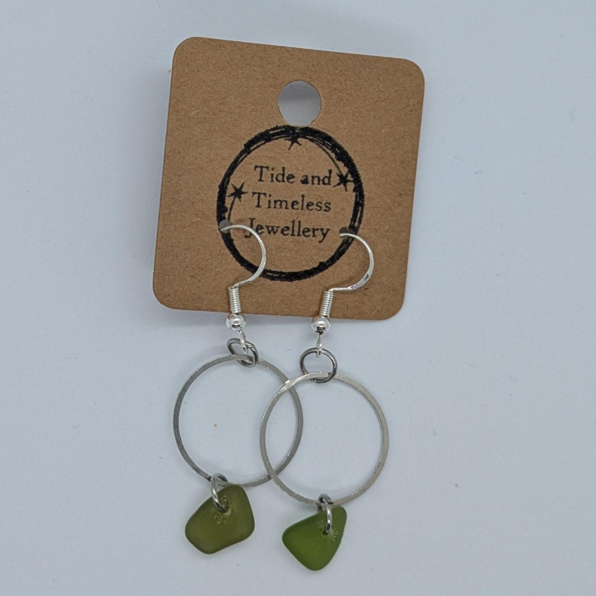 Lime Green Sea Glass Drop Circular Earrings
