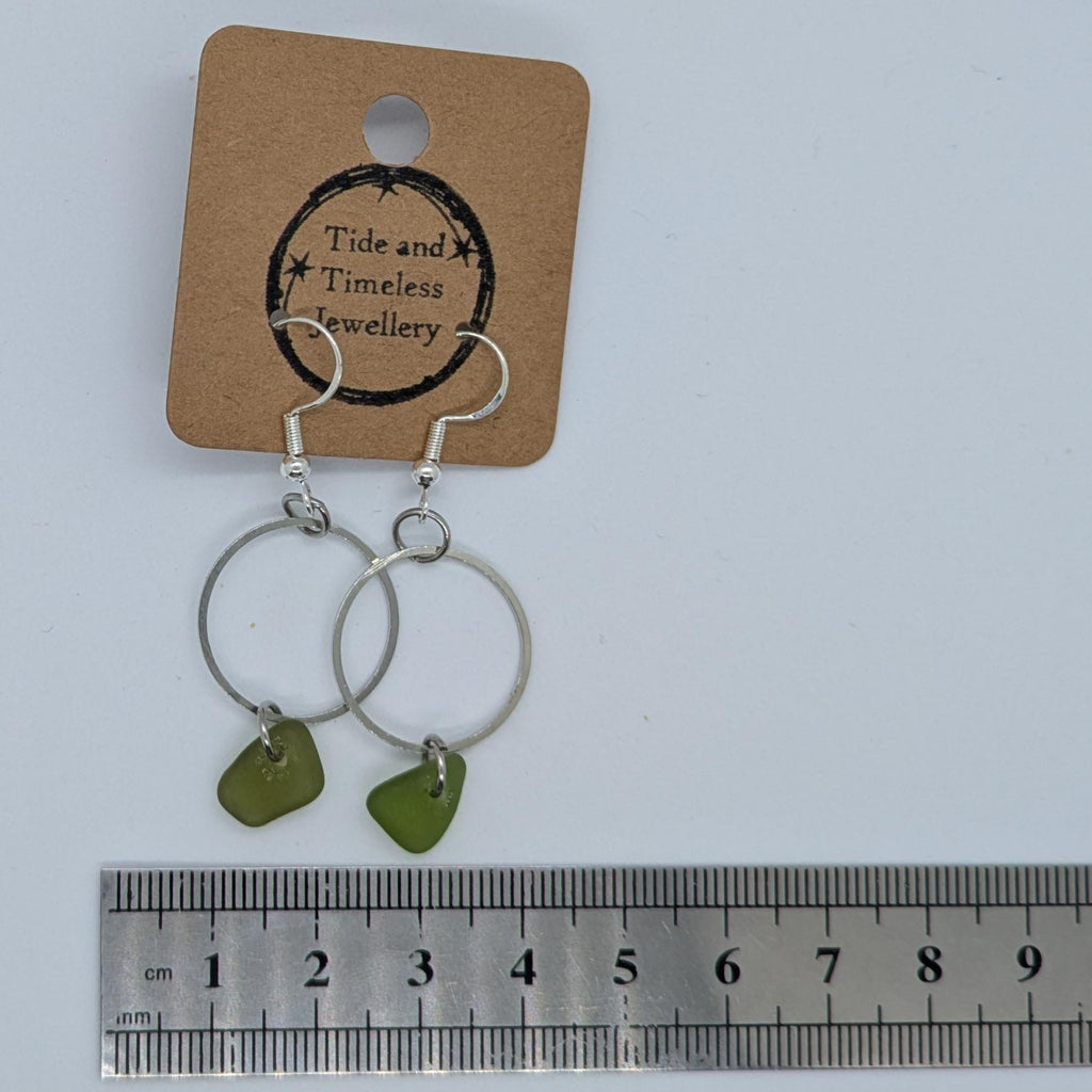 Lime Green Sea Glass Drop Circular Earrings