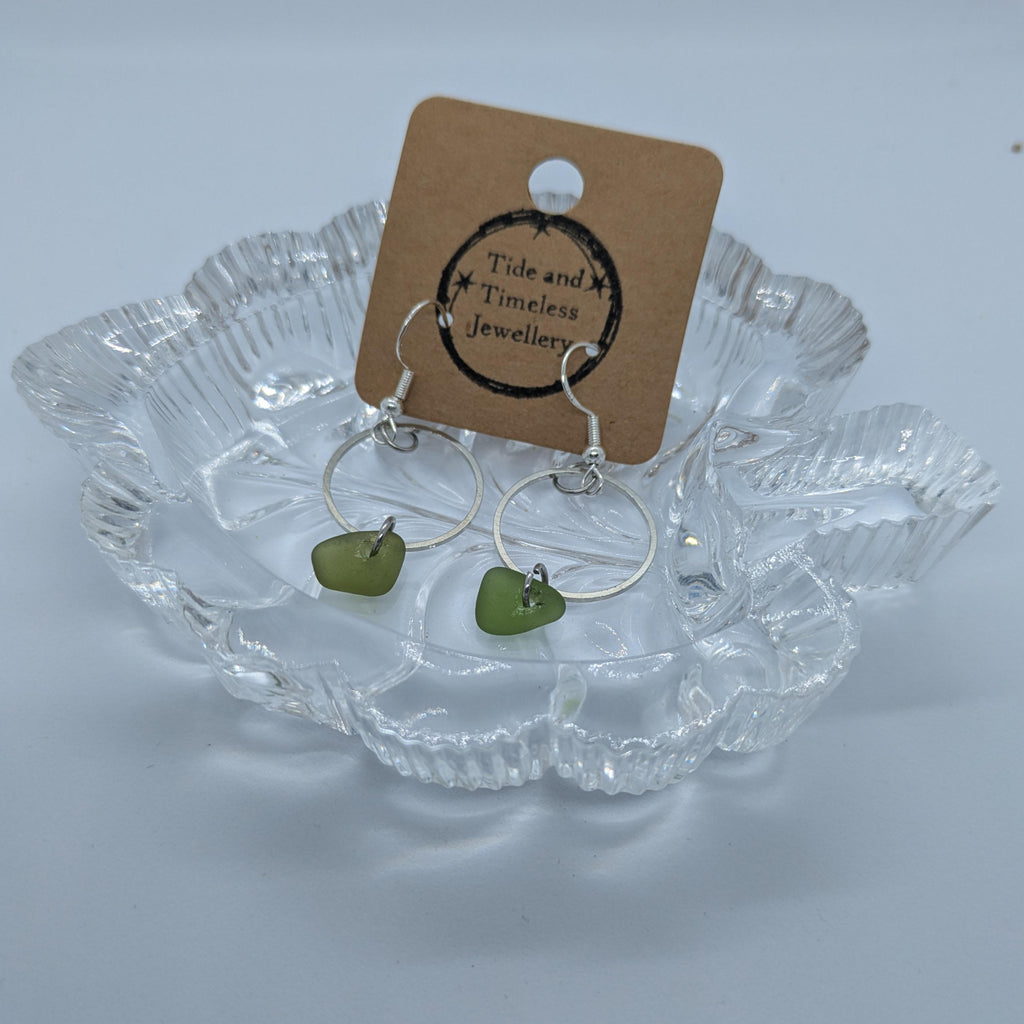 Lime Green Sea Glass Drop Circular Earrings