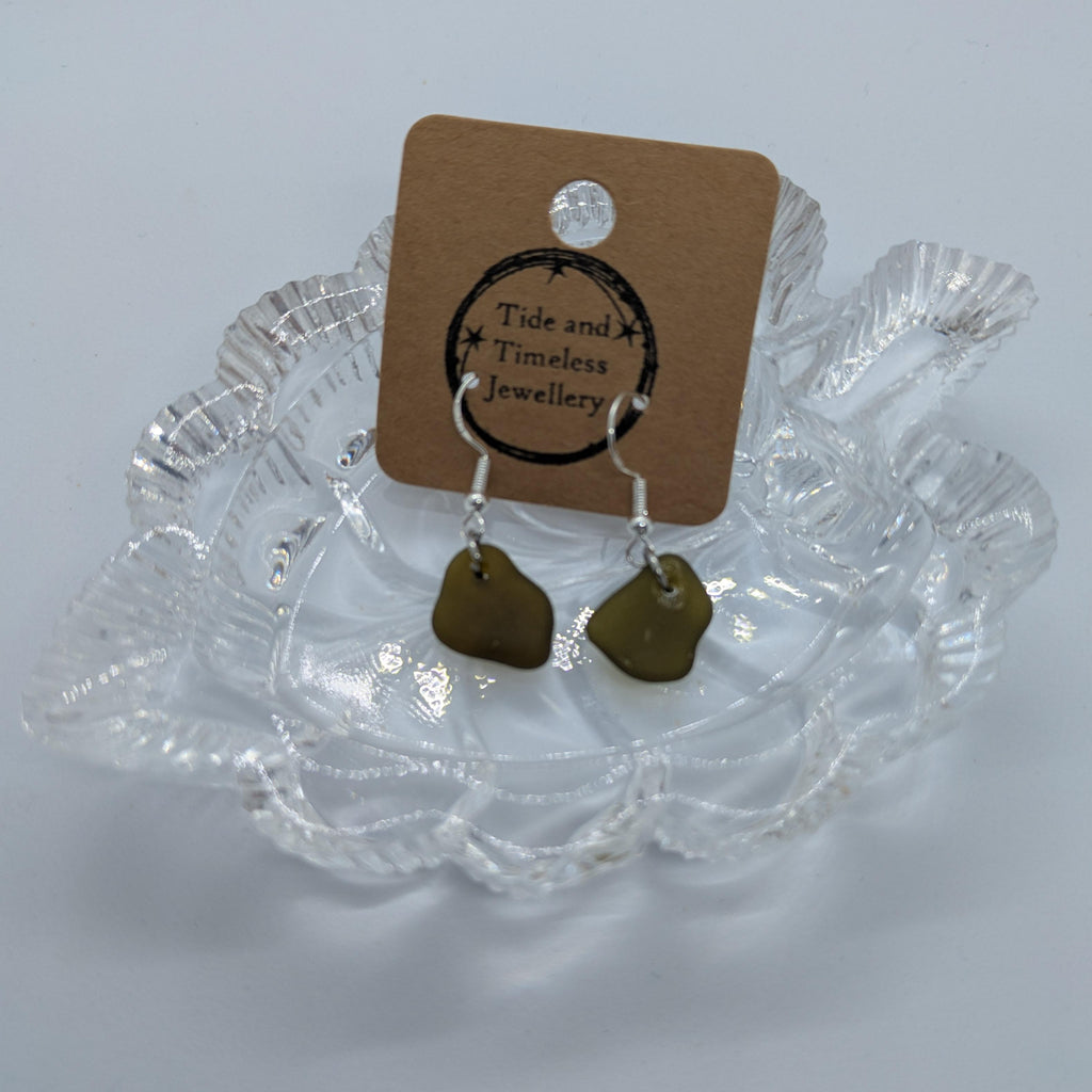 Dainty Olive Green Sea Glass Dangle Earrings