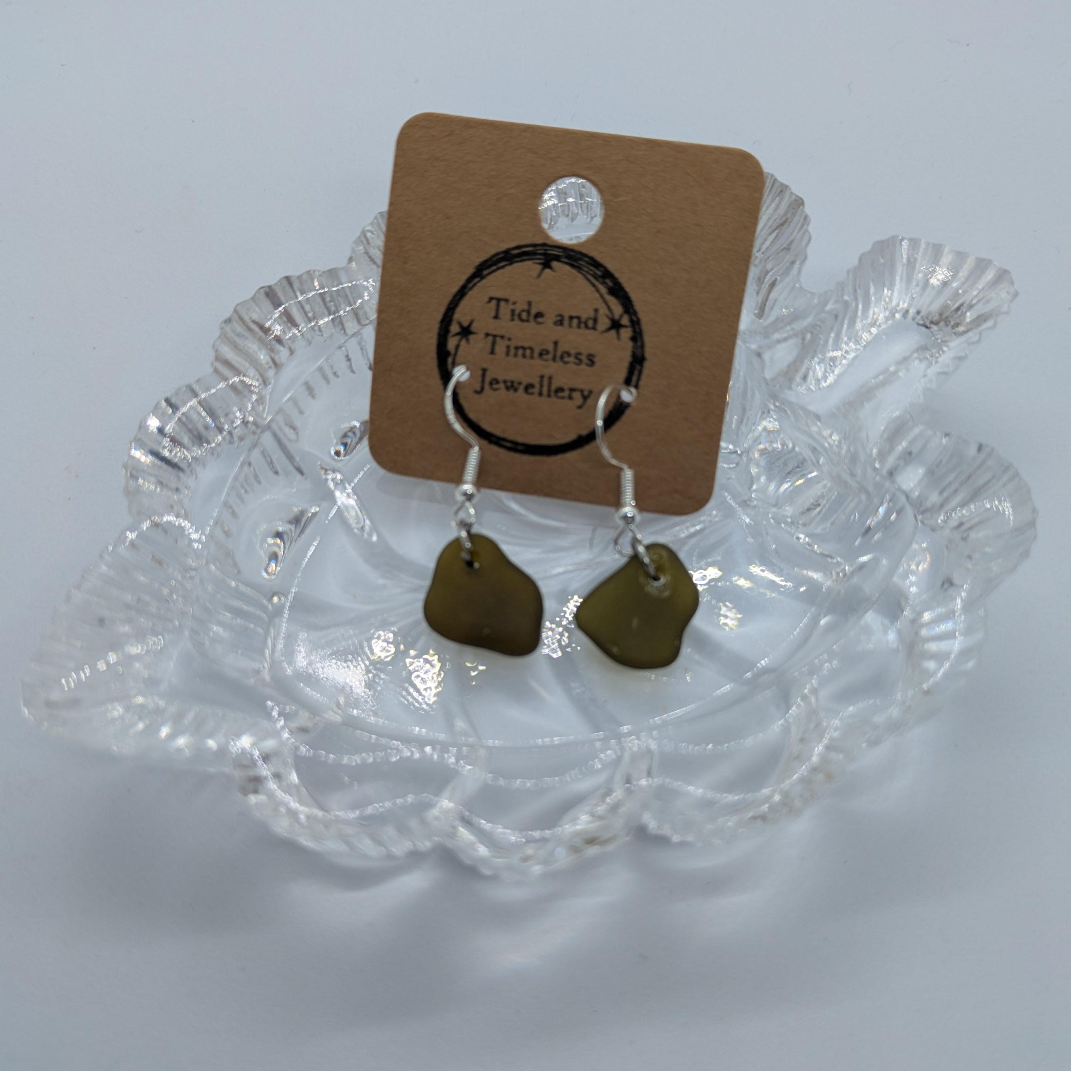 Dainty Olive Green Sea Glass Dangle Earrings