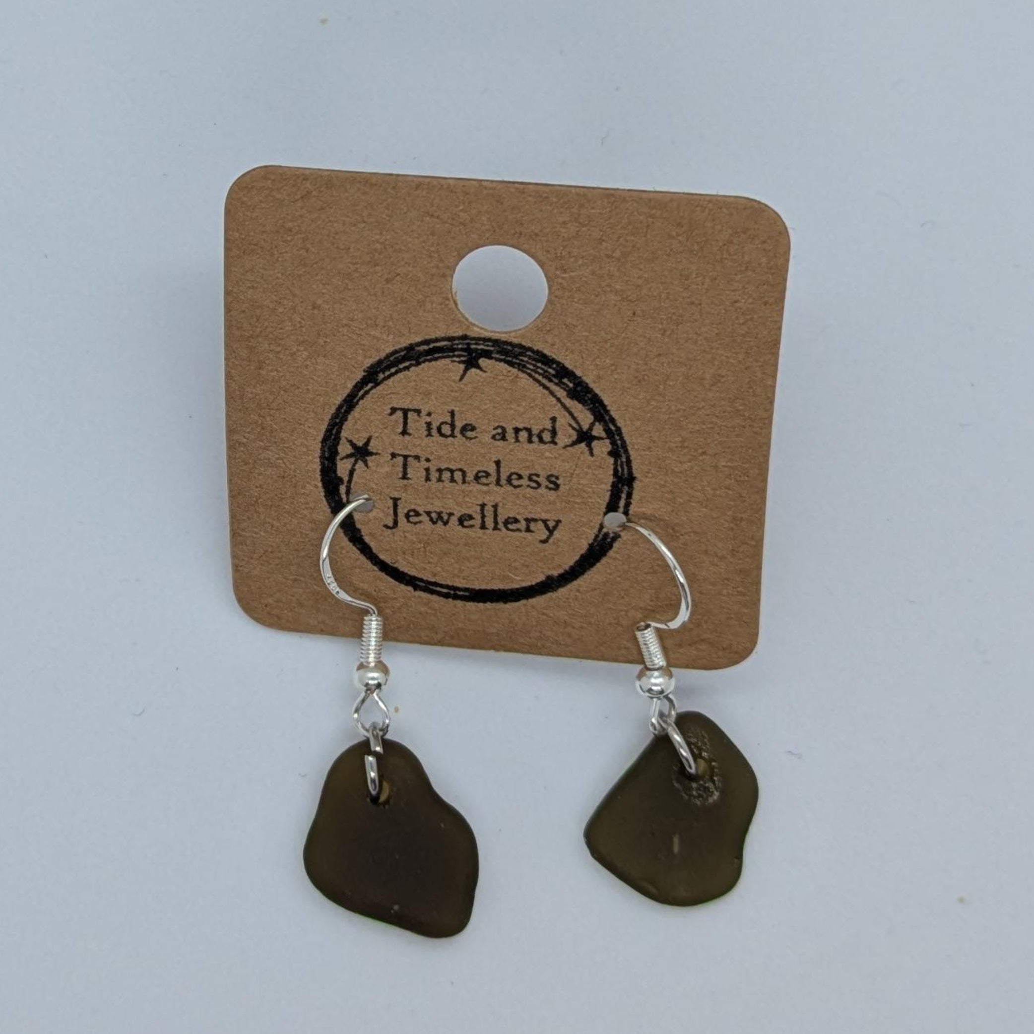 Dainty Olive Green Sea Glass Dangle Earrings