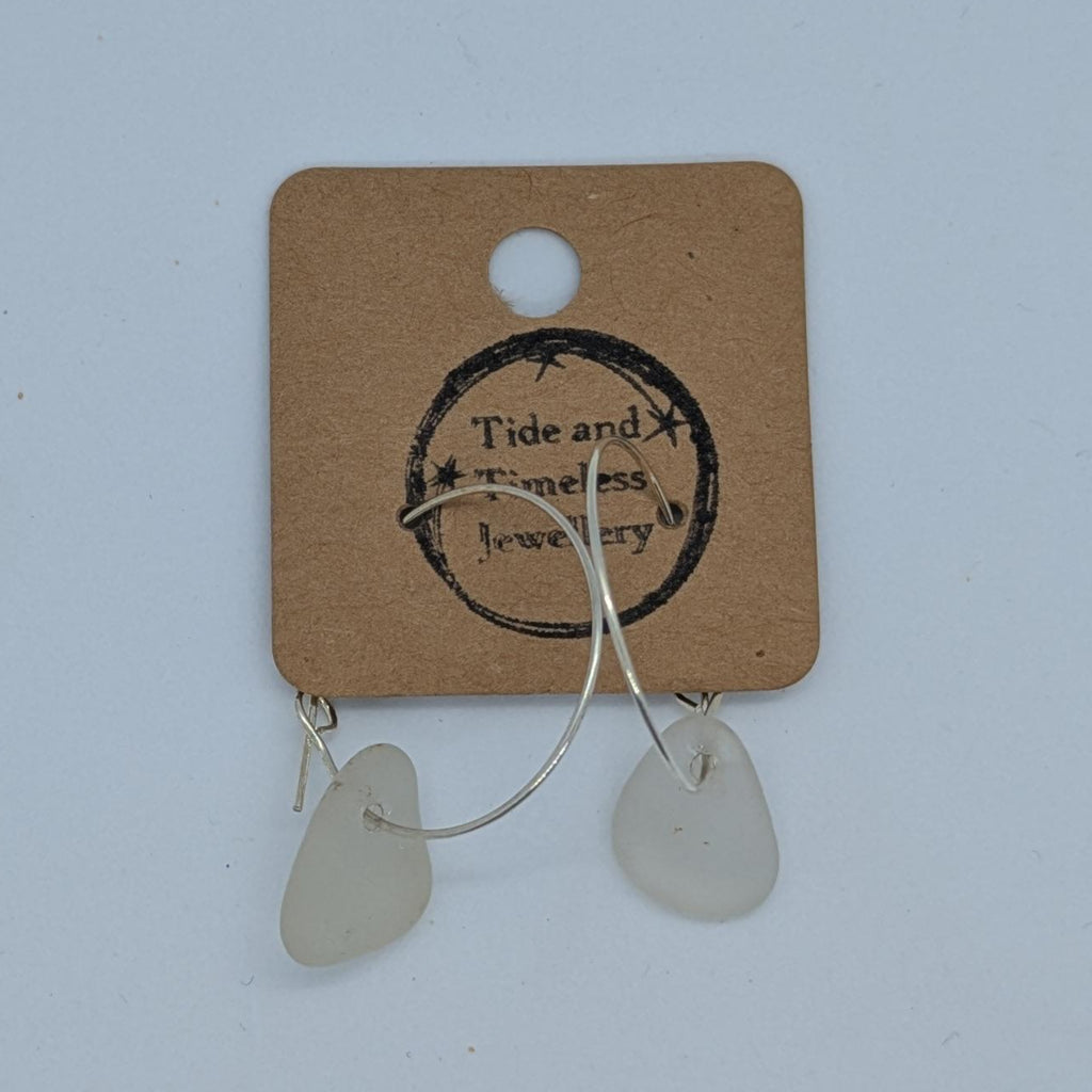 Clear White Hoop Sea Glass Earrings