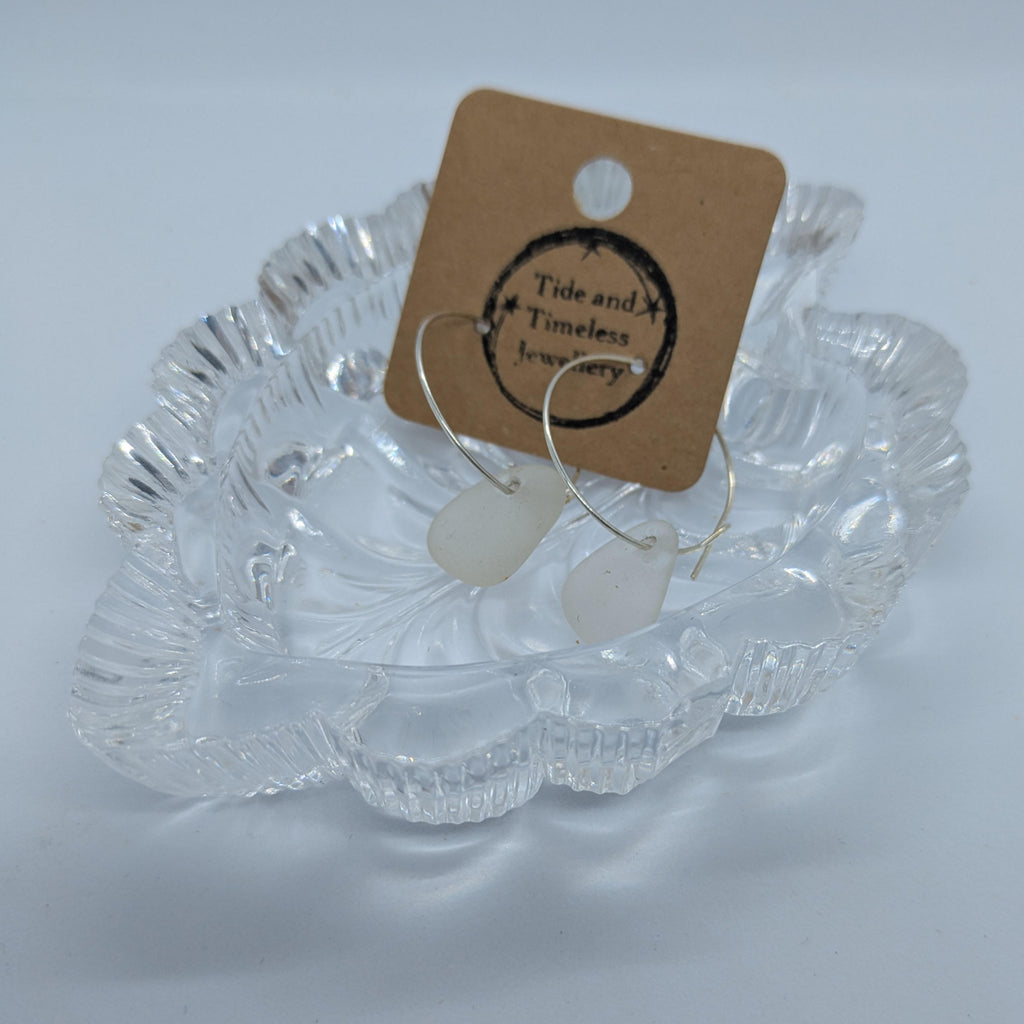 Clear White Hoop Sea Glass Earrings