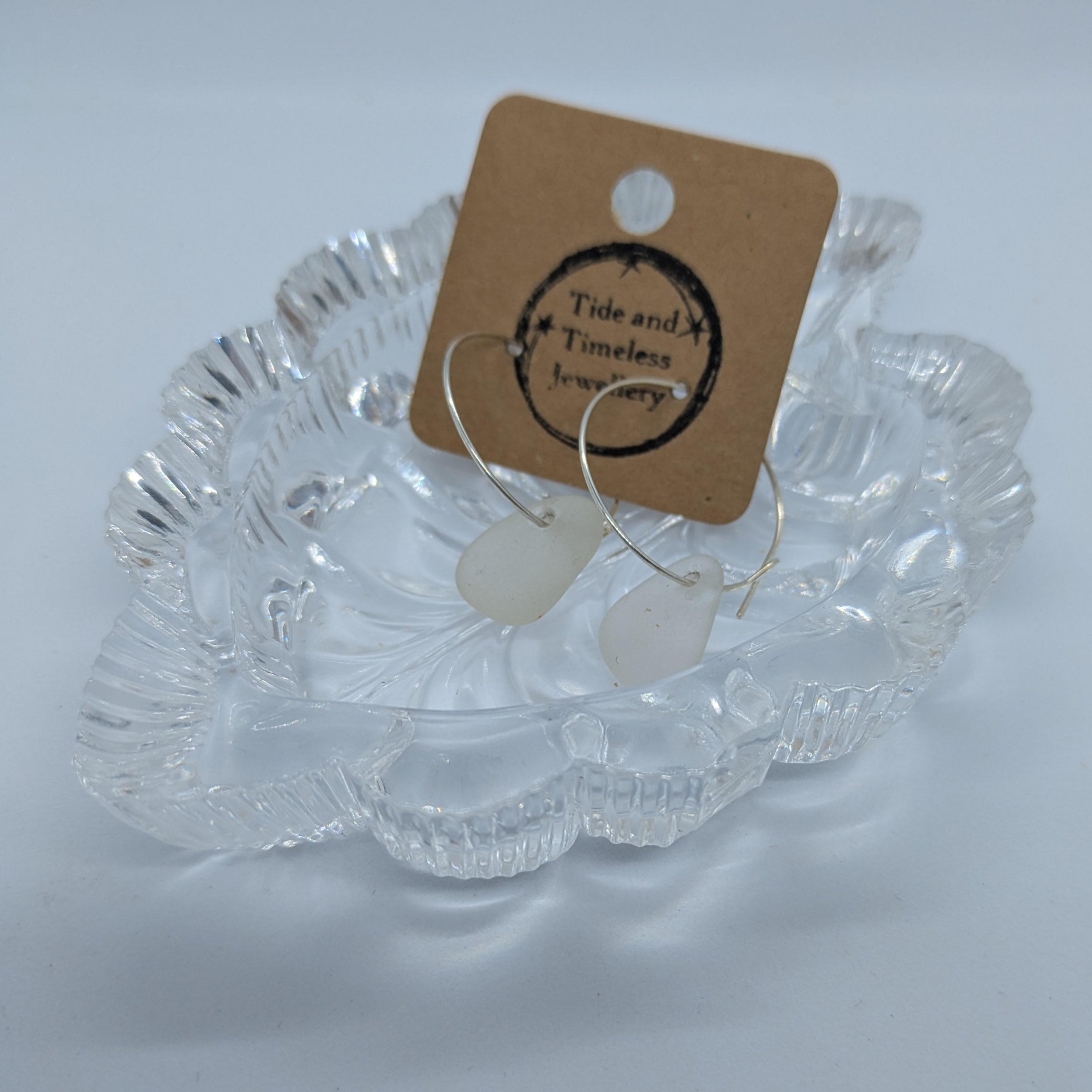 Clear White Hoop Sea Glass Earrings