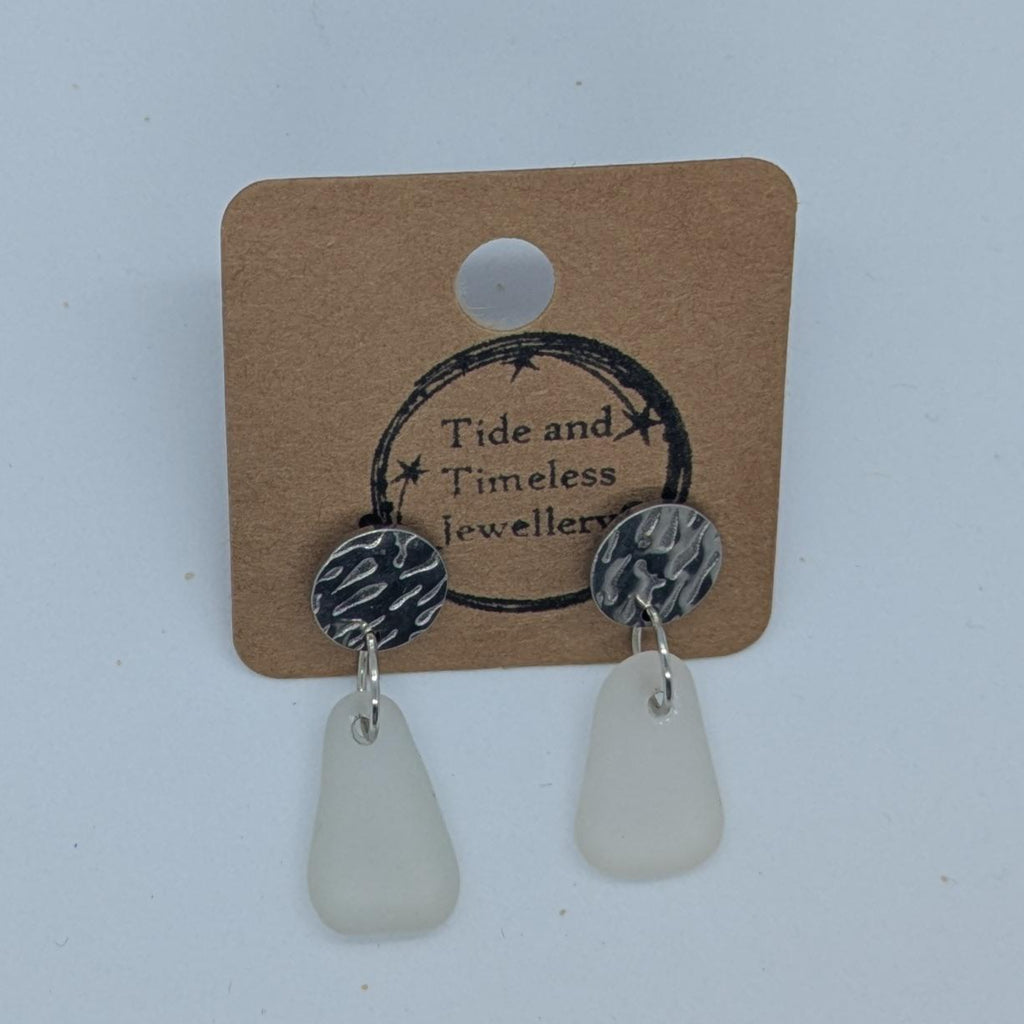Clear White Sea Glass Earrings Metal Circles