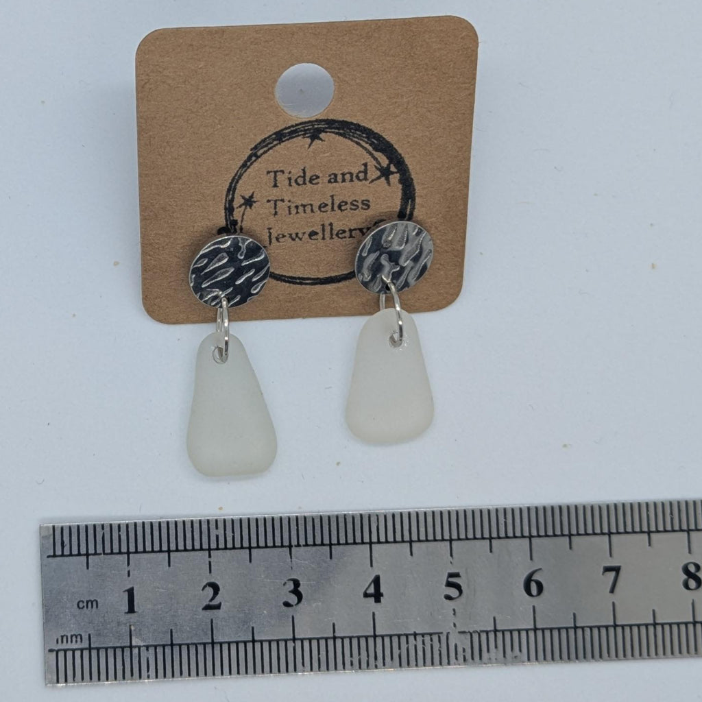 Clear White Sea Glass Earrings Metal Circles