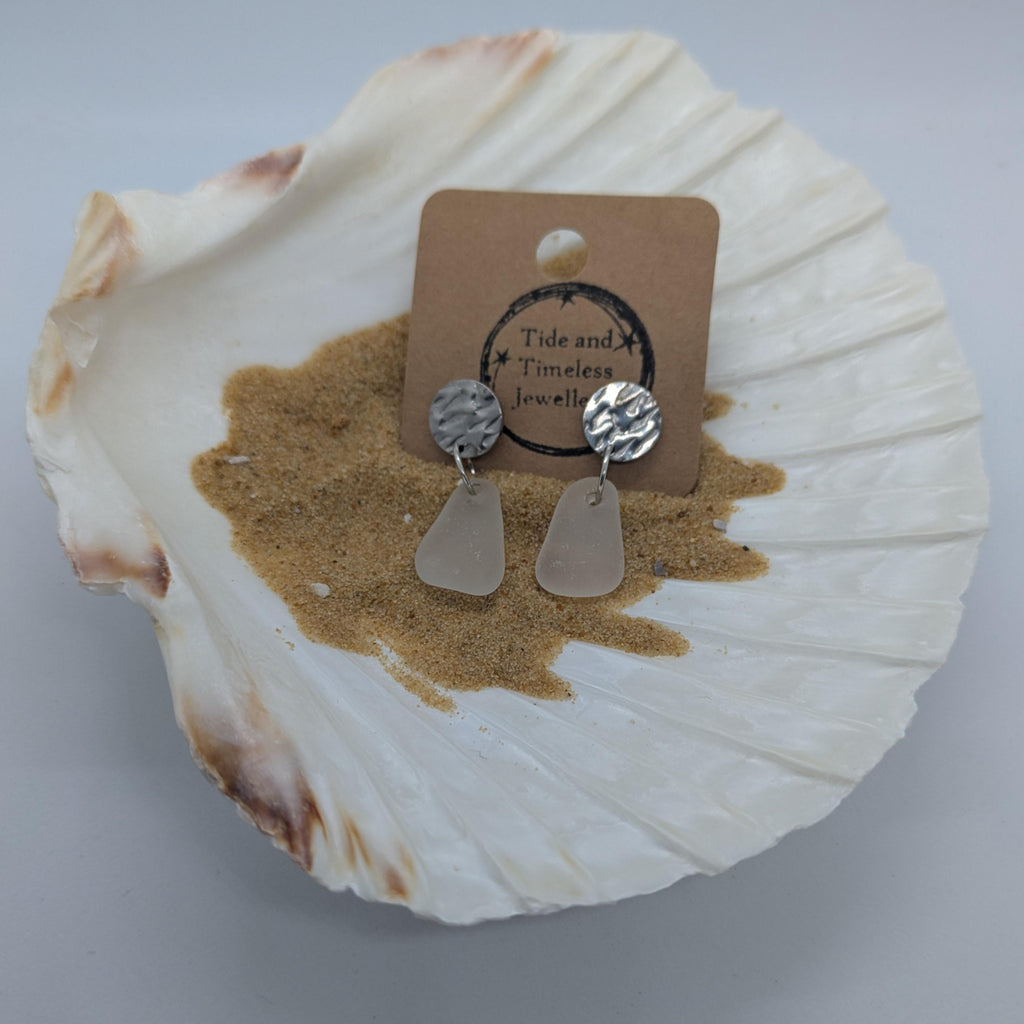 Clear White Sea Glass Earrings Metal Circles