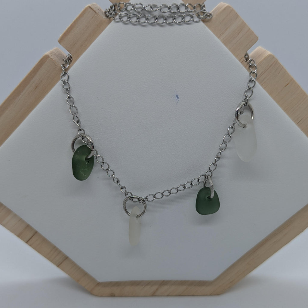 Light Jade Green & White Sea Glass Charm Necklace