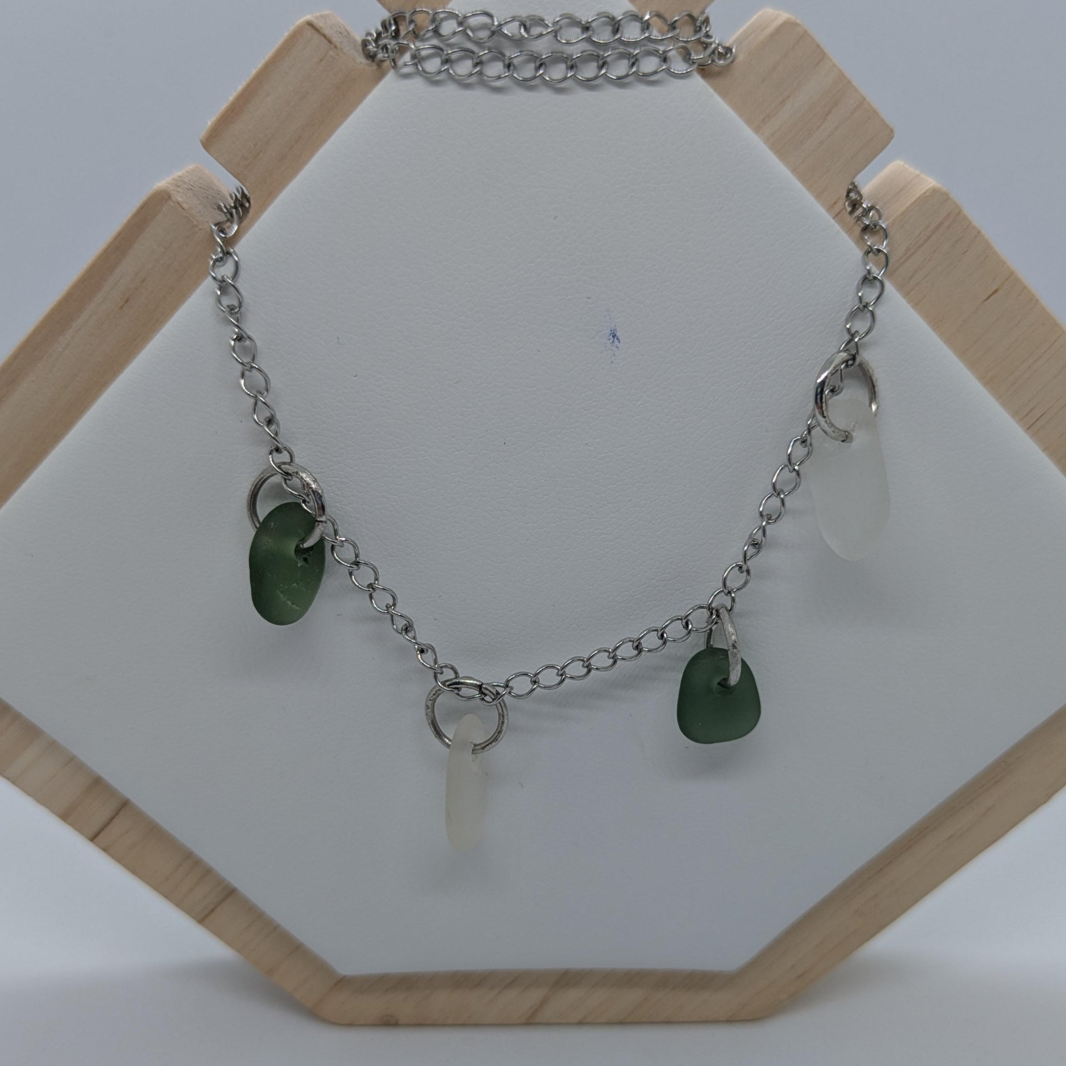Light Jade Green & White Sea Glass Charm Necklace