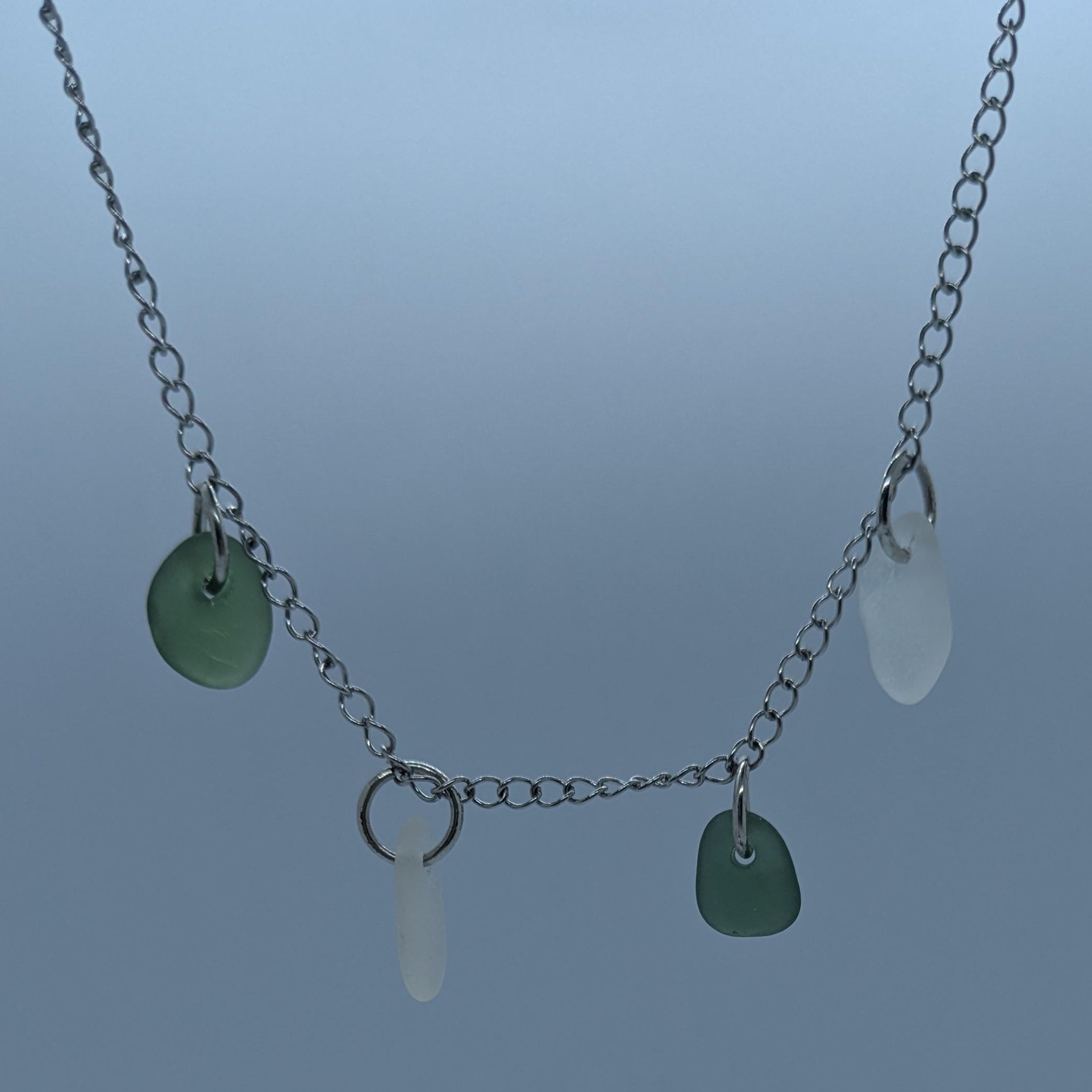 Light Jade Green & White Sea Glass Charm Necklace